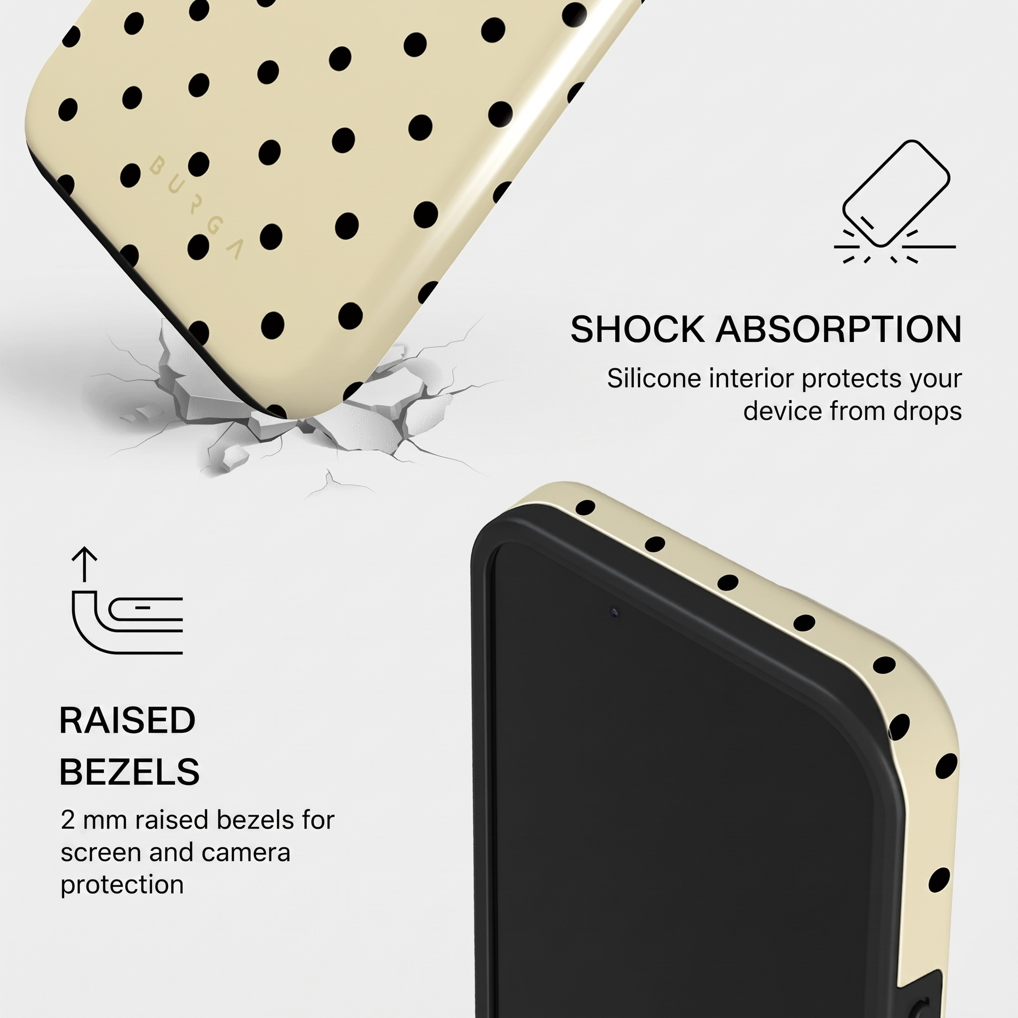 Beige phone case with black polka dots highlighting shock absorption and raised bezels.