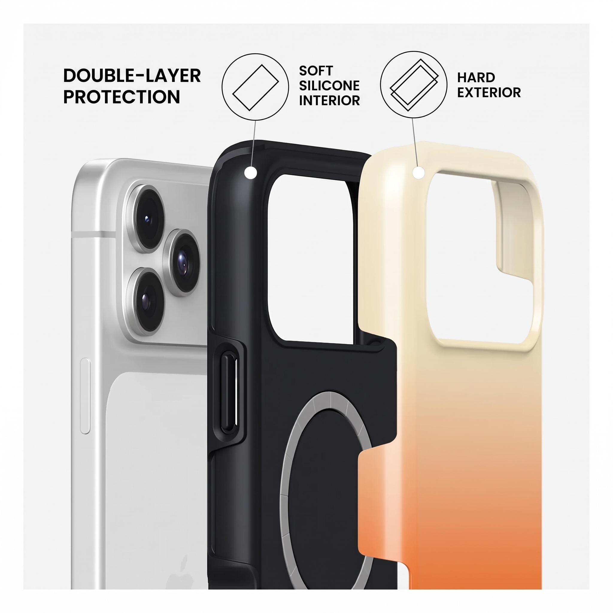 Diagramme montrant une double protection avec intérieur en silicone souple et extérieur rigide.