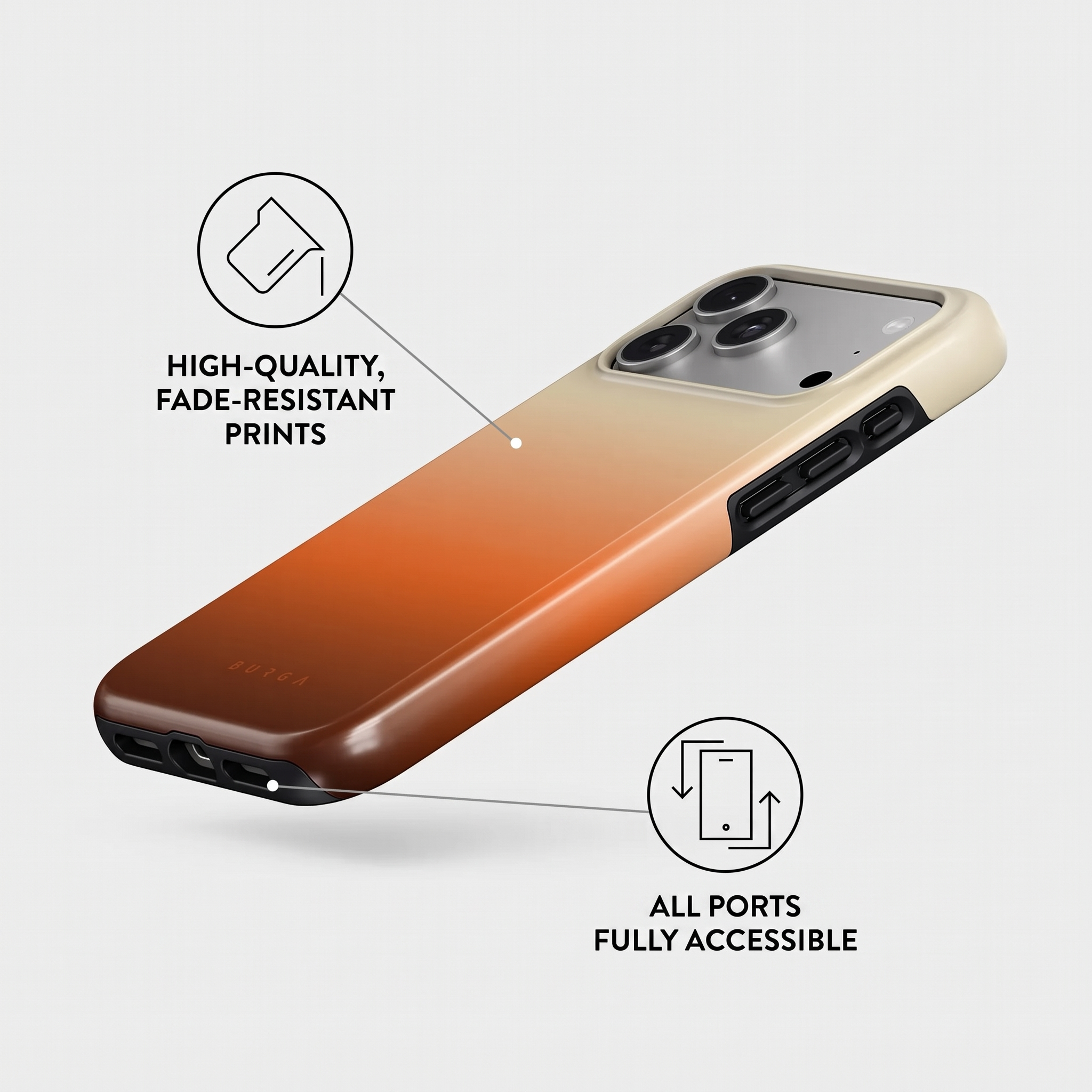 Une coque de téléphone en dégradé orange à beige présente des impressions durables et des ports accessibles.