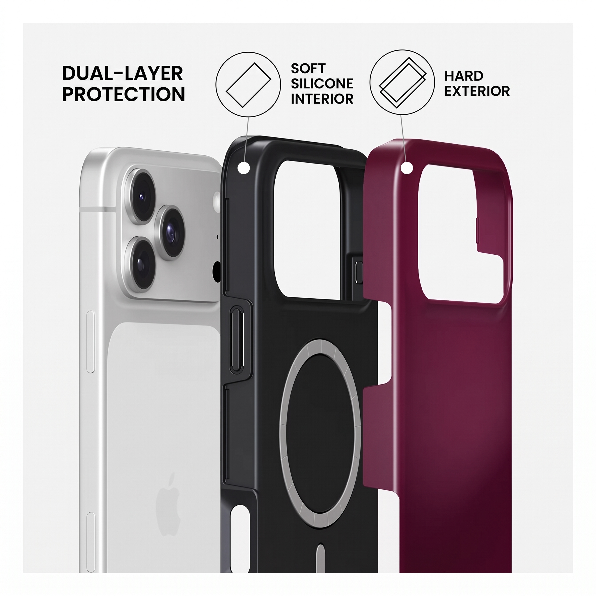 Coque double couche avec intérieur en silicone et extérieur rigide.