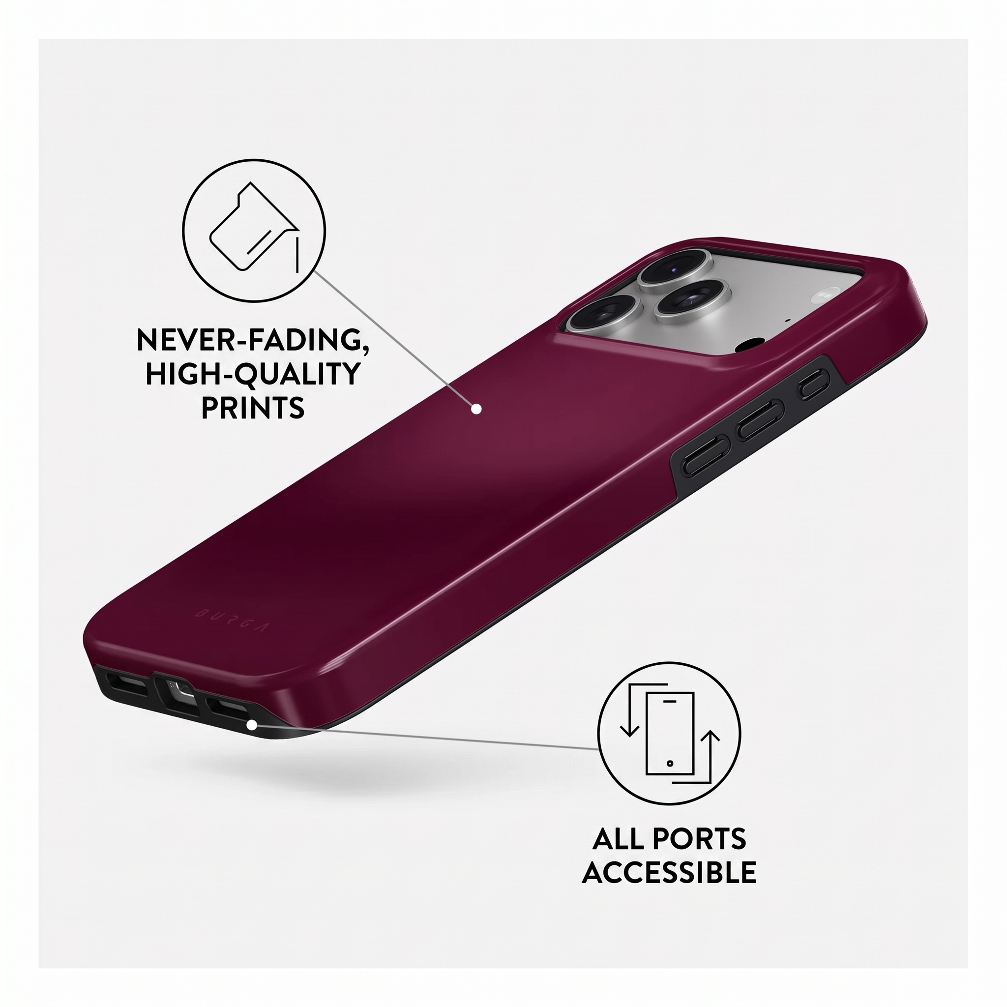 Smartphone rouge dans une coque protectrice avec des graphiques montrant des impressions et ports.