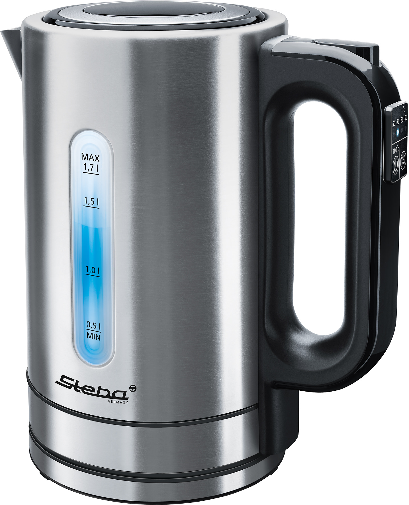 A stainless steel electric kettle with a black handle, blue water level window, and Steba logo.