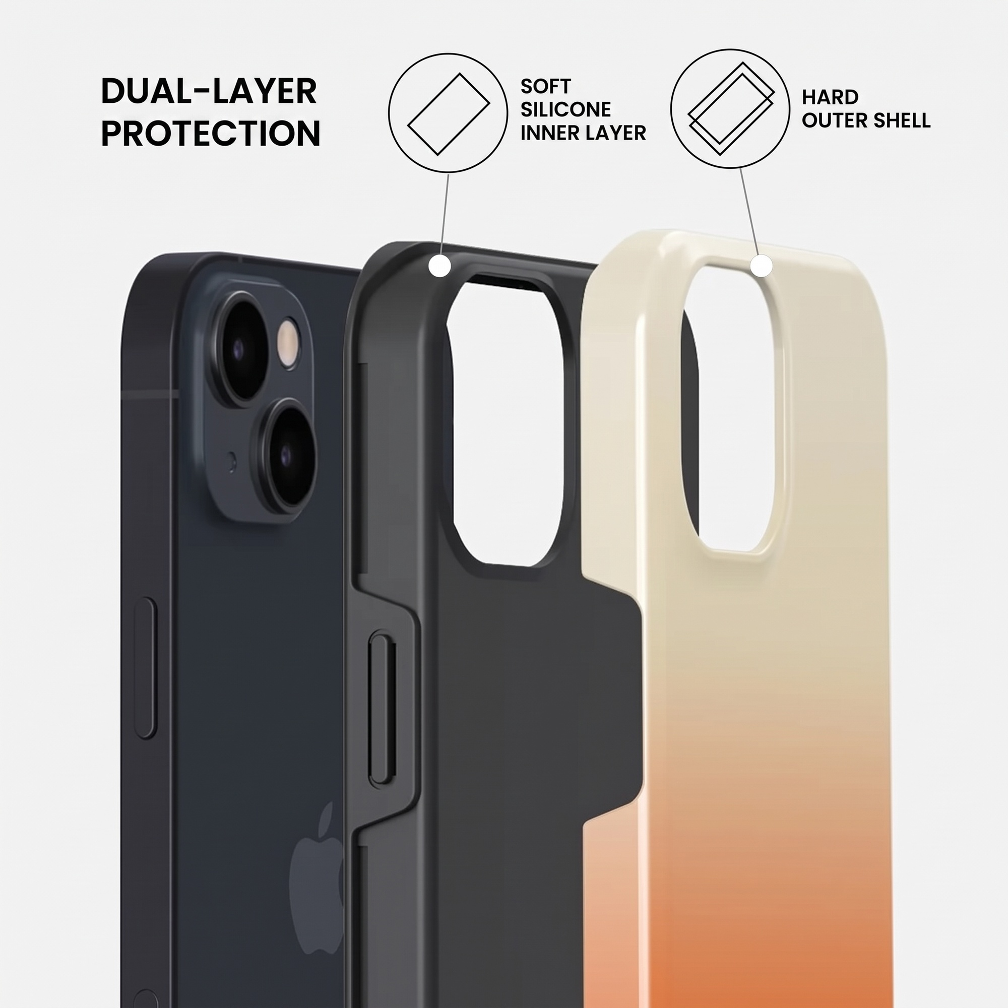 Diagram showing dual-layer phone protection with a soft silicone inner layer and hard outer shell.