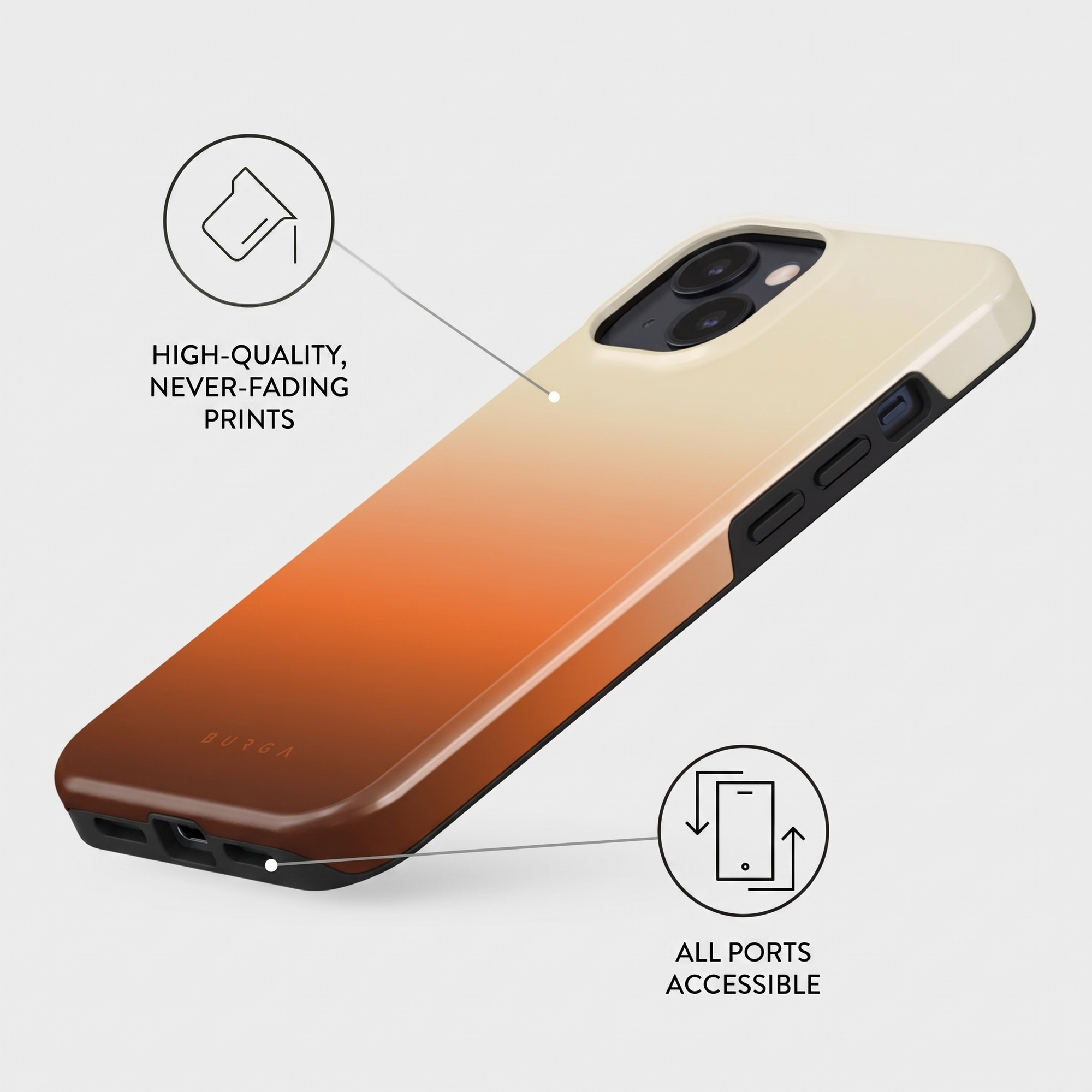 Phone case with brown-to-beige gradient, highlighting print quality and accessible ports.