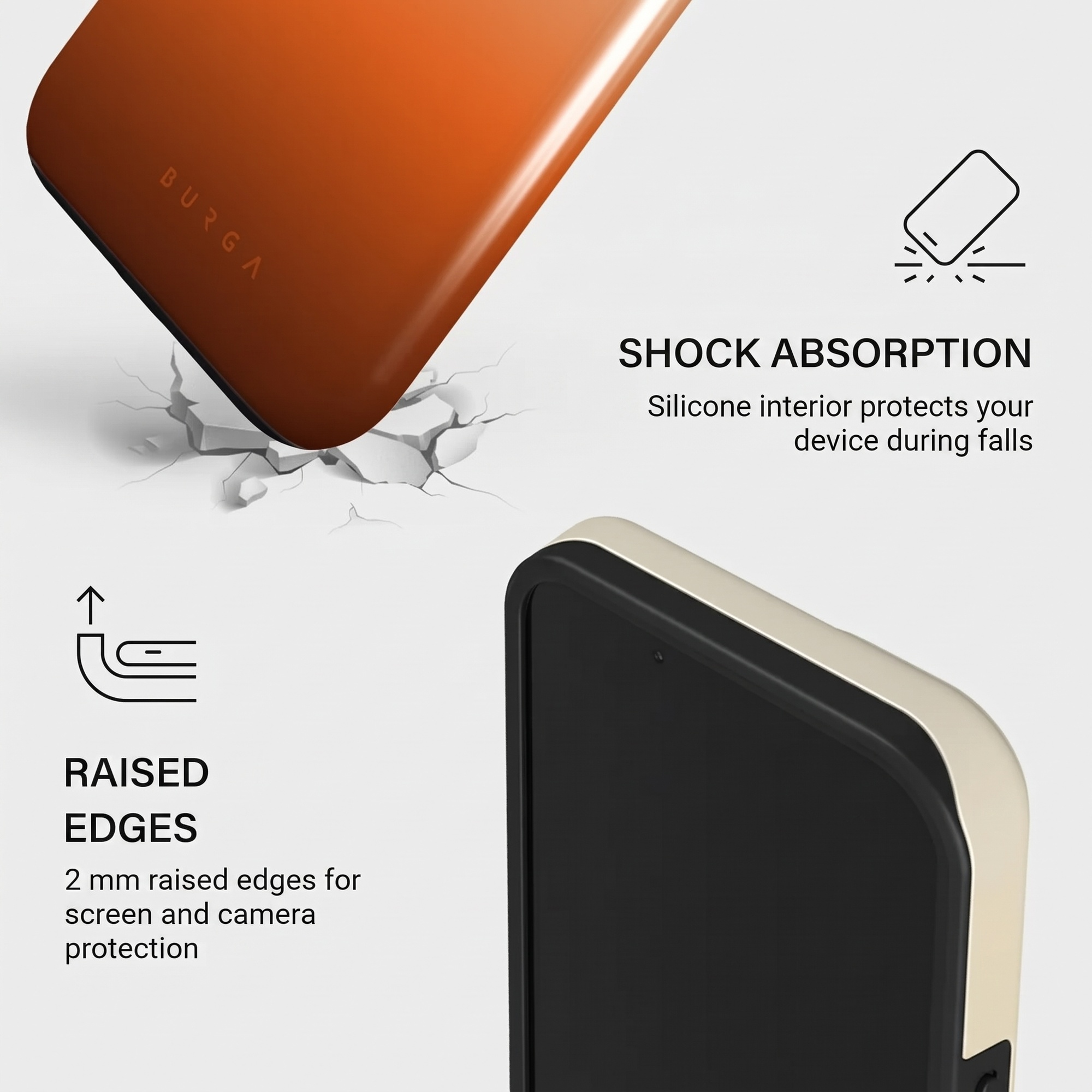 Diagram shows phone case highlighting shock absorption and raised edges for protection.