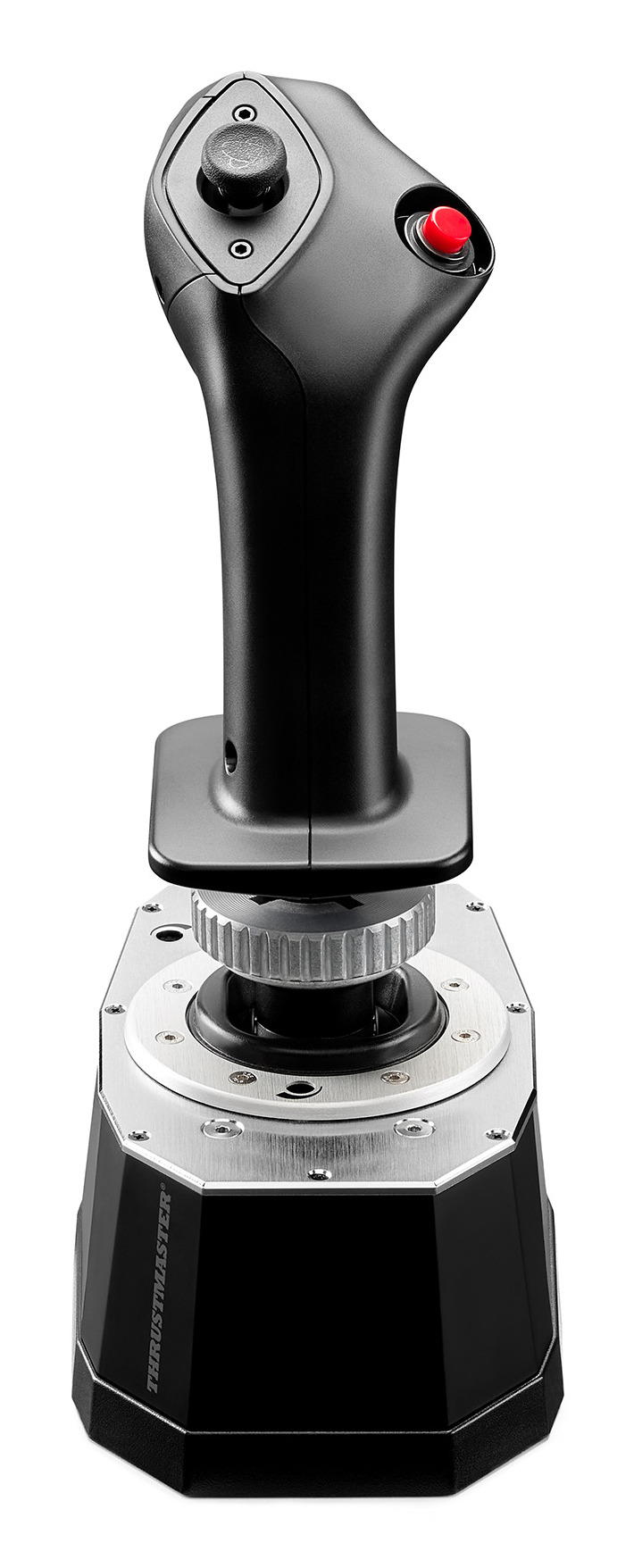 Black Thrustmaster joystick with a red button on a metal base against a white background.
