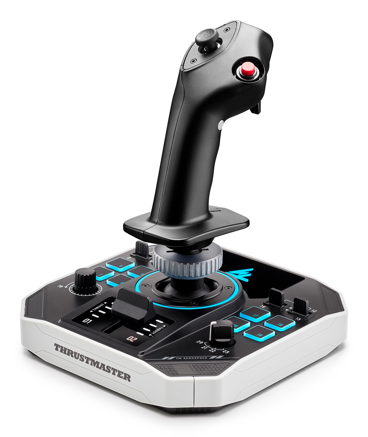 A black Thrustmaster joystick with a red button, throttle, and lit blue buttons on a white-rimmed base.
