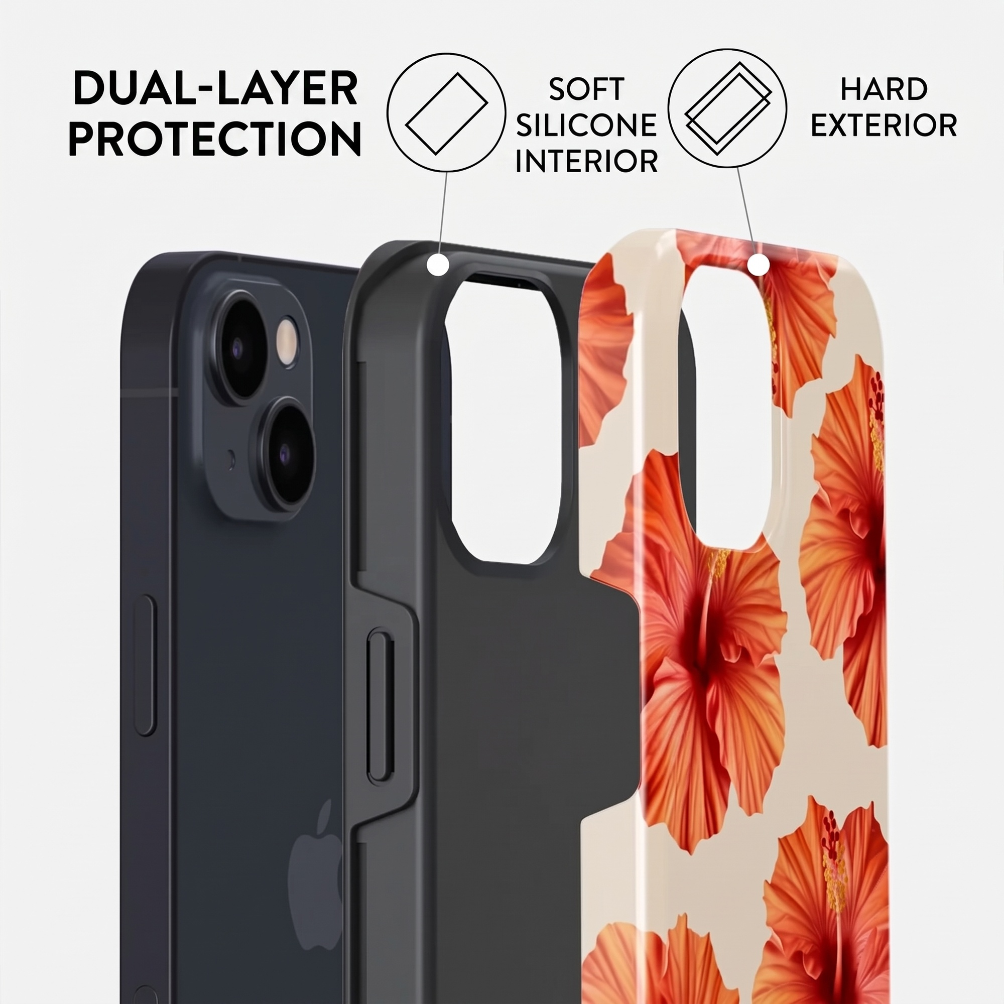 Diagram showing dual-layer protection with a soft silicone interior and hard floral exterior phone case.
