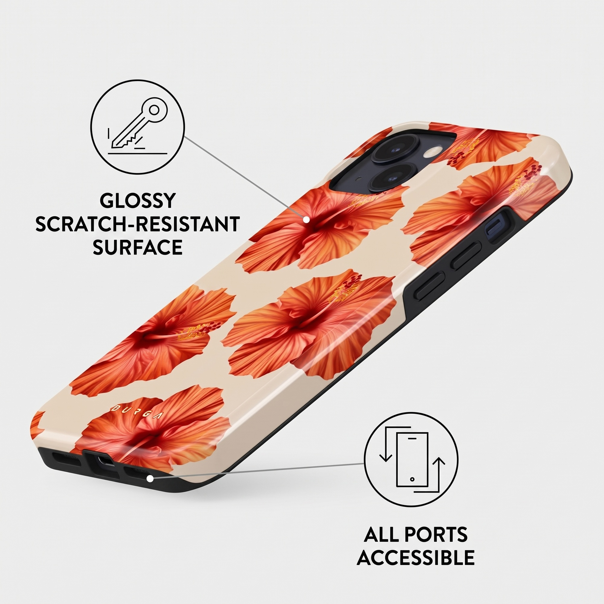 A glossy, scratch-resistant phone case with red hibiscus flowers, highlighting accessible ports and features.