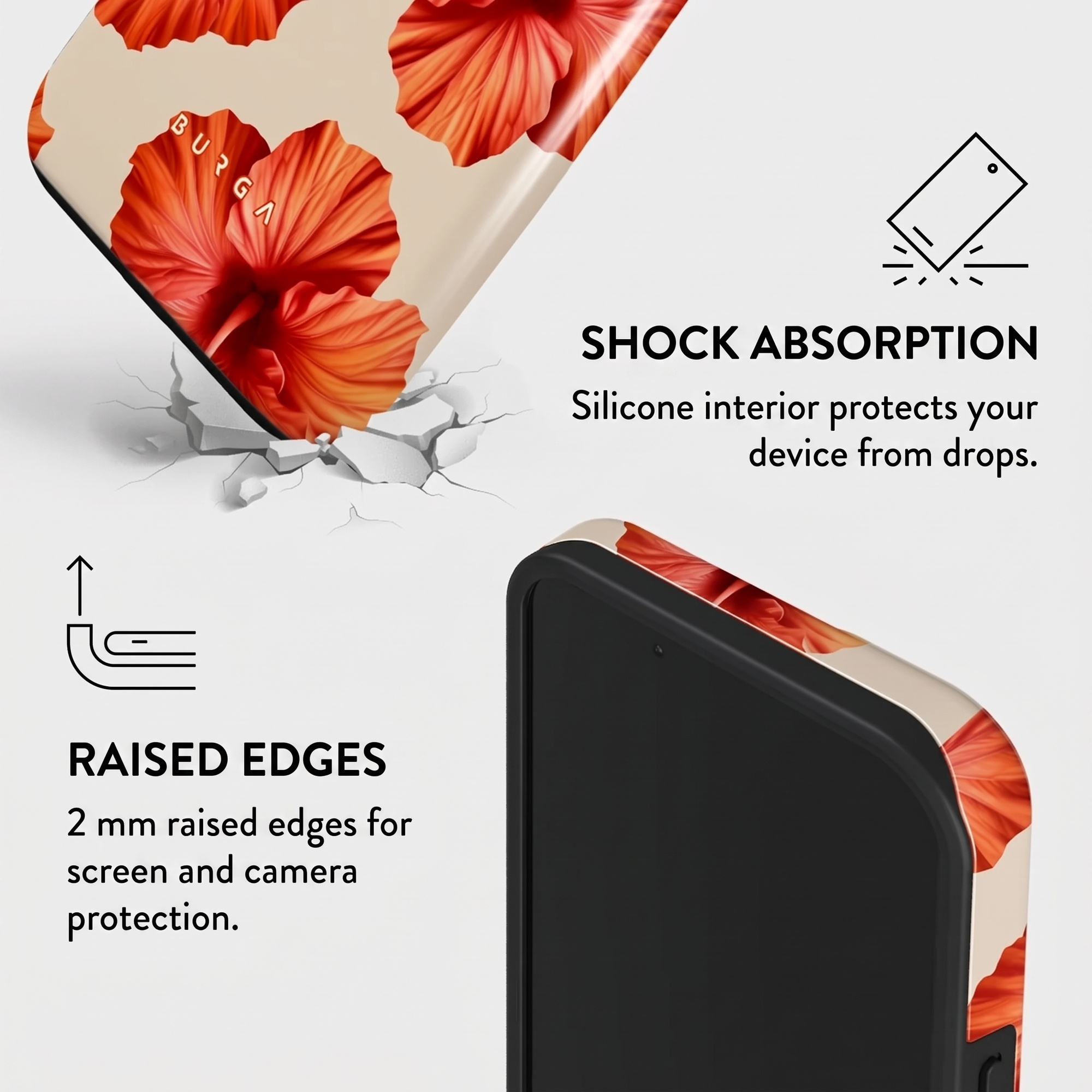 Graphic showing shock absorption and raised edges of a phone case with red flowers.