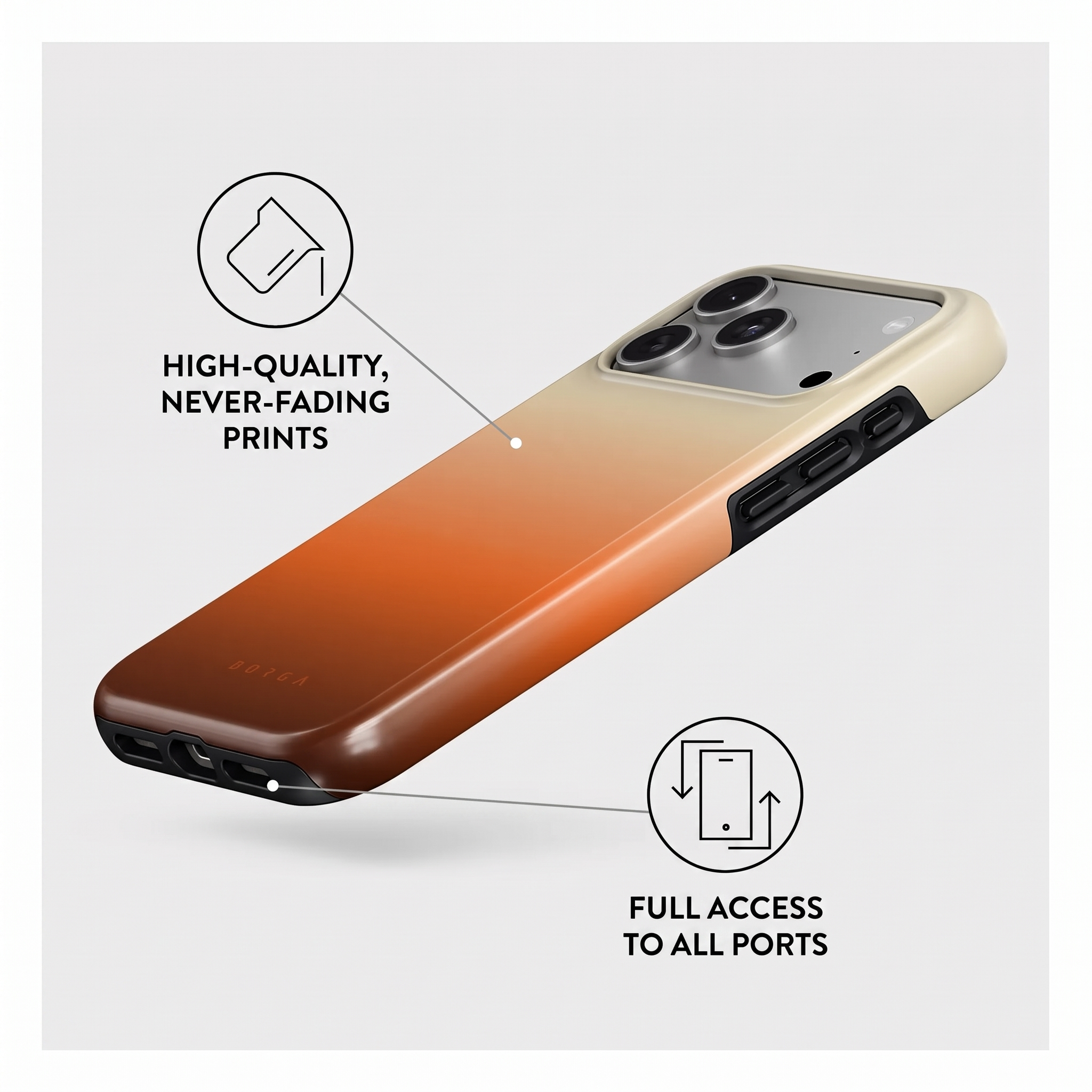 Smartphone dans une coque dégradée, avec des icônes pour impressions et accès aux ports.