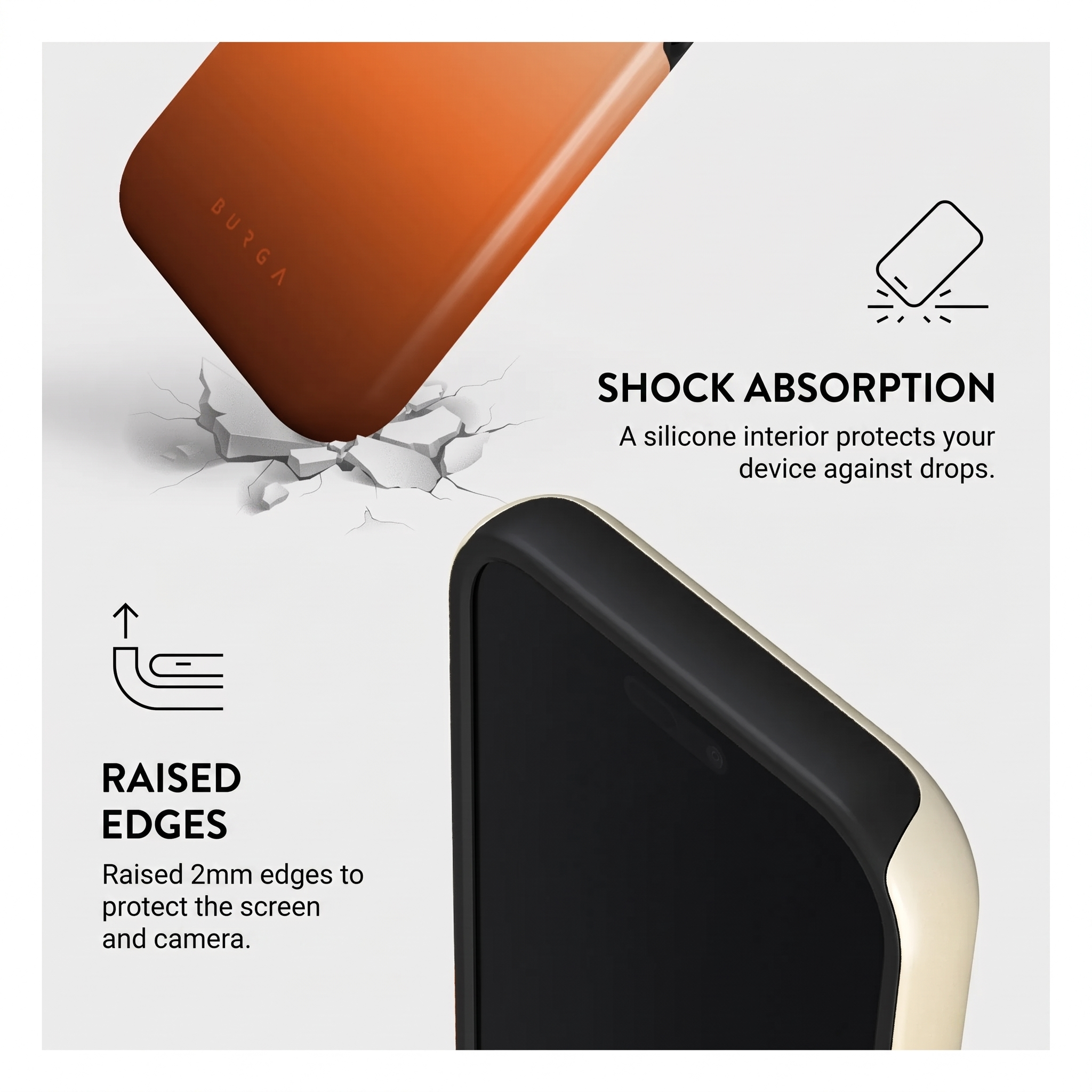 Infographie montrant une coque de téléphone avec absorption des chocs et bords surélevés.