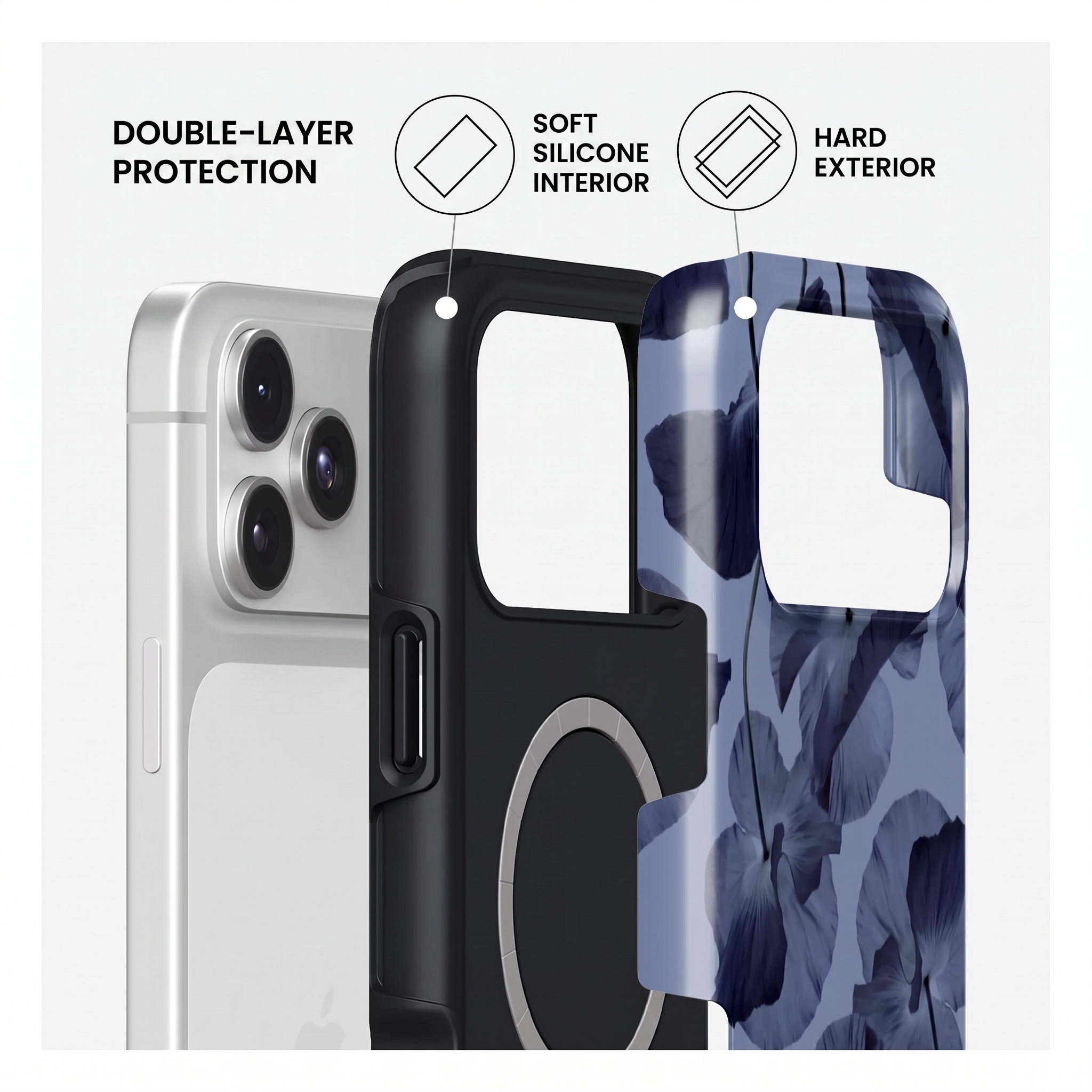Schéma montrant une double protection : intérieur en silicone souple et extérieur rigide.