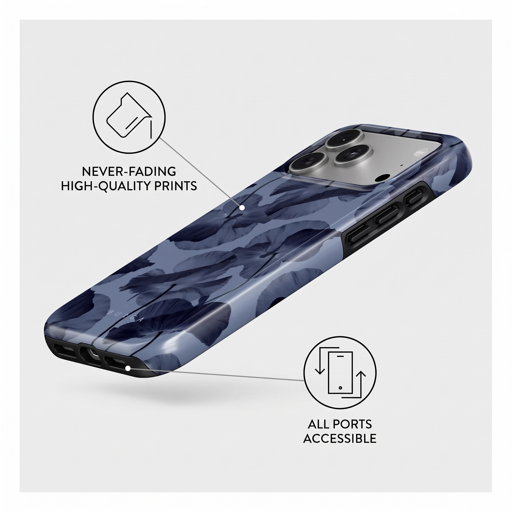 Un smartphone dans une coque florale bleue, soulignant l'impression durable et les ports accessibles.