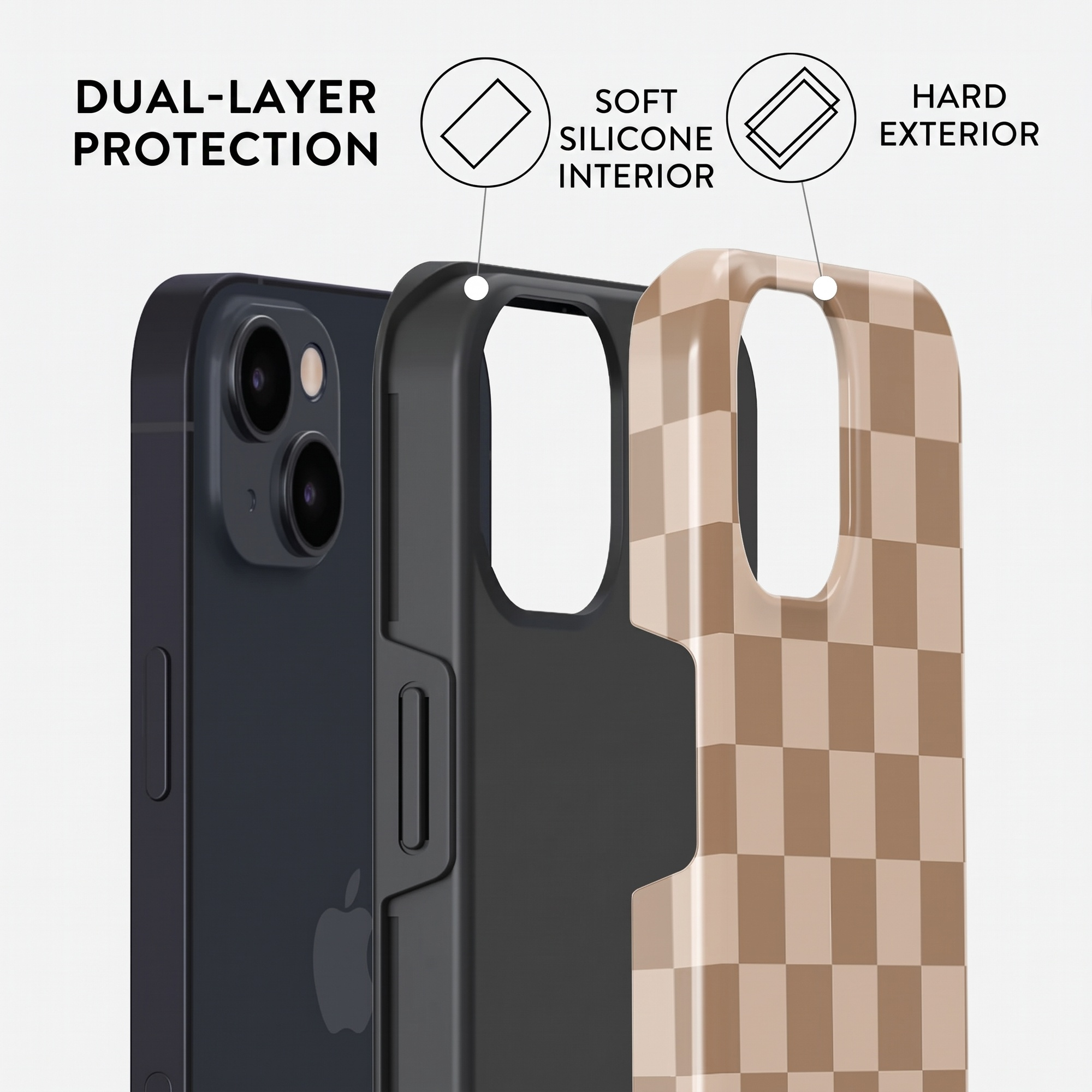 Phone case featuring dual-layer protection with a soft silicone interior and a hard checkered exterior.