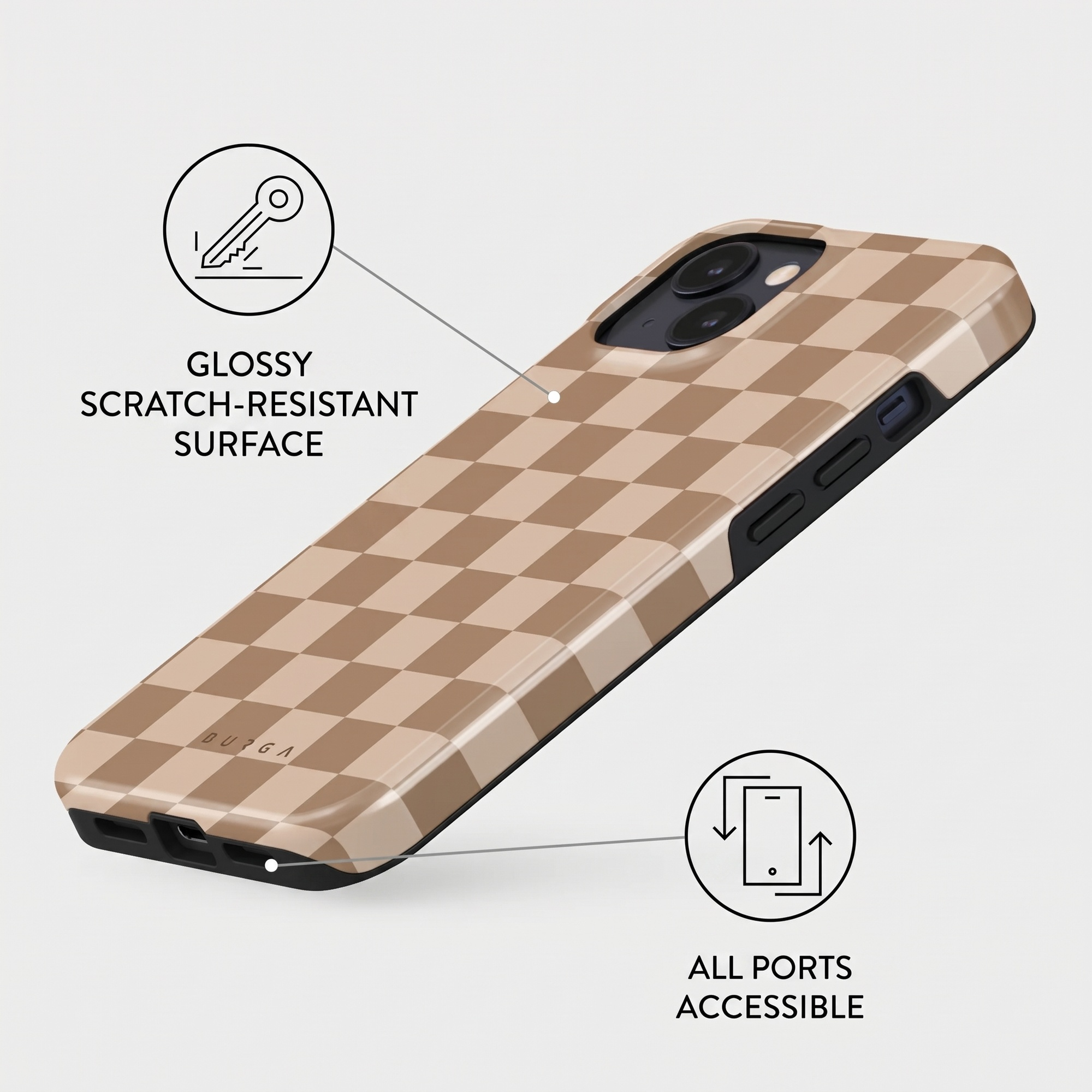 Glossy beige checkered phone case with scratch-resistant surface and accessible ports, shown from an angle.