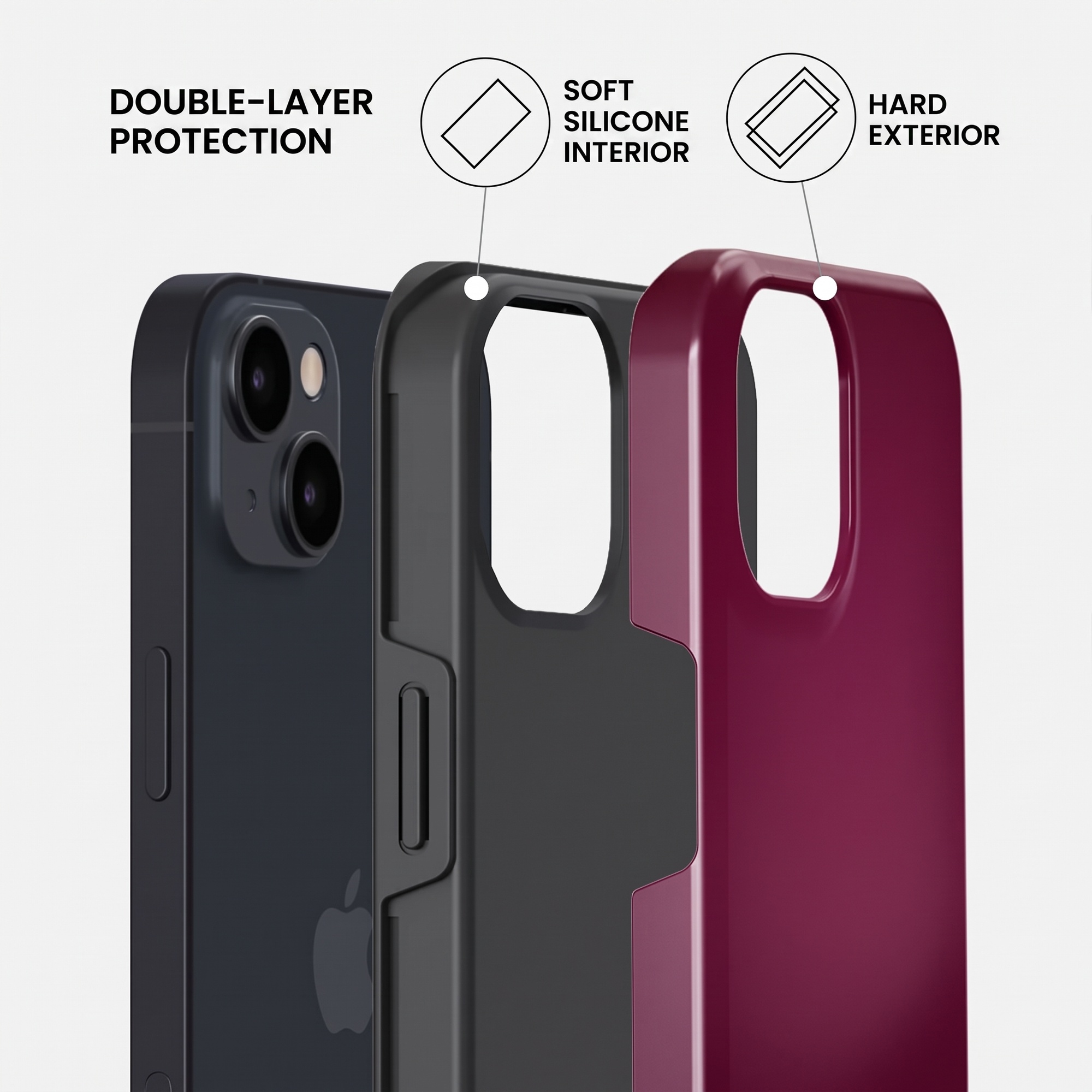 Infographic showing a phone with a double-layer protection, soft silicone interior, and hard exterior.