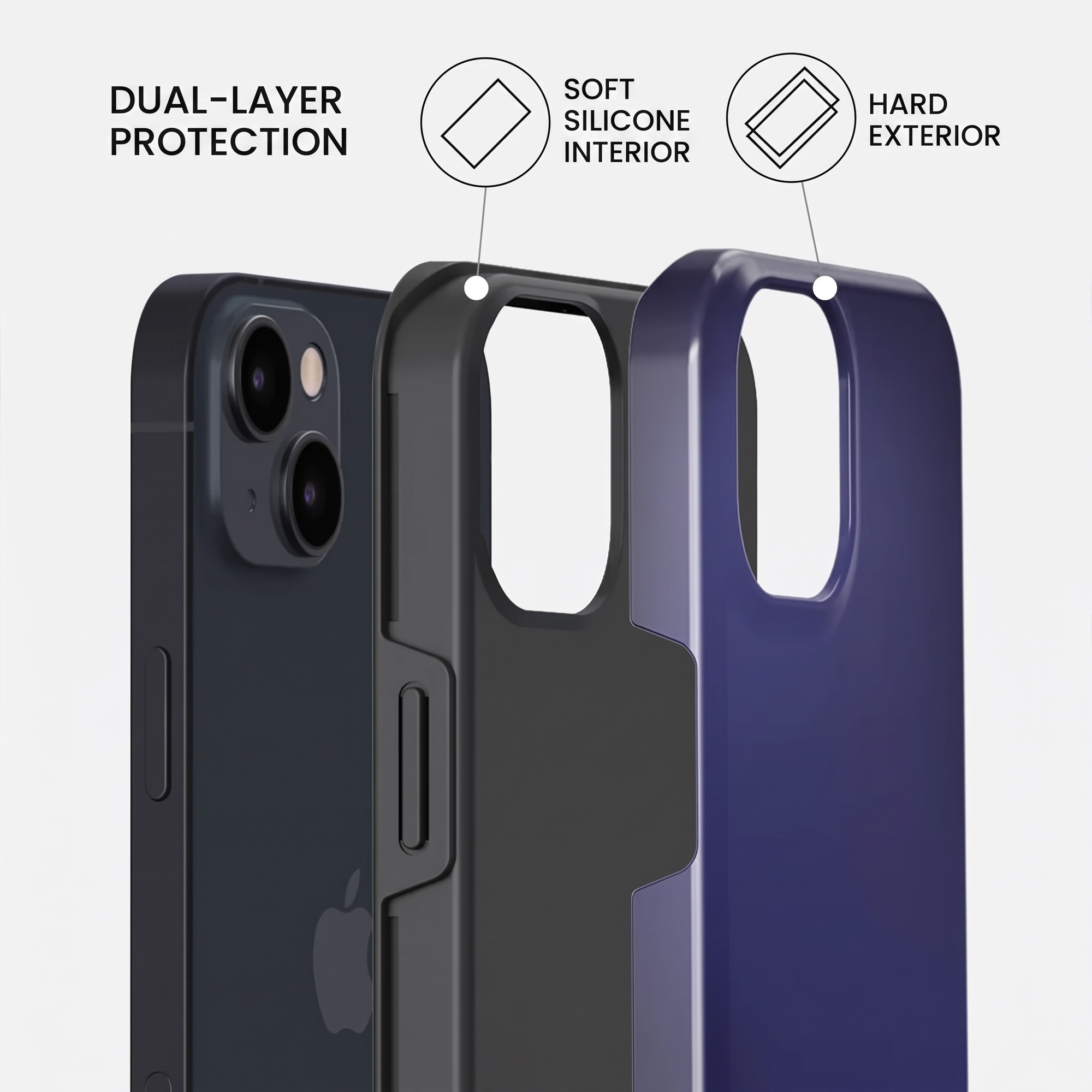 Diagram showing dual-layer protection with a soft silicone interior and hard exterior.