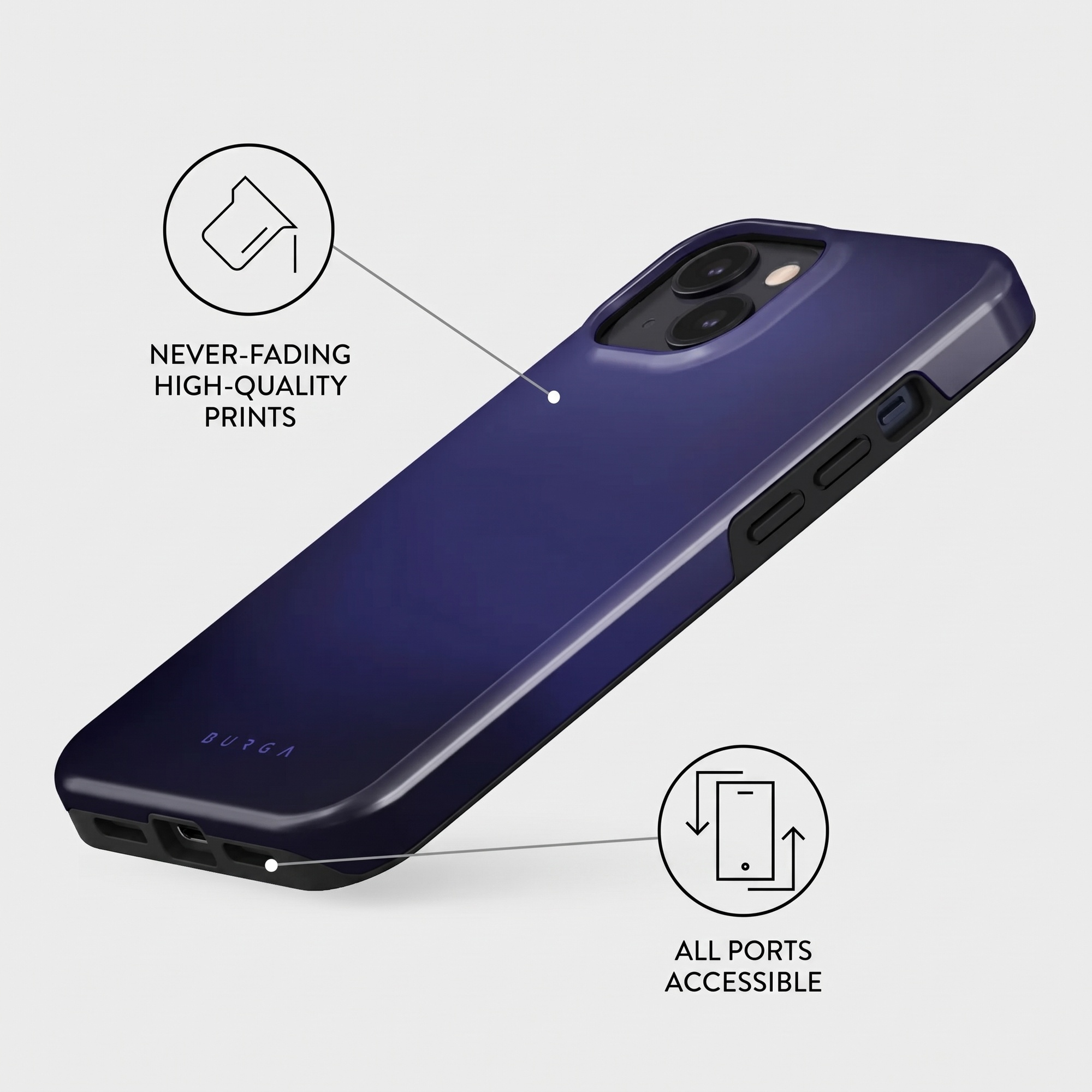 Dark blue phone case with camera cutout, labels highlighting high-quality prints and accessible ports.