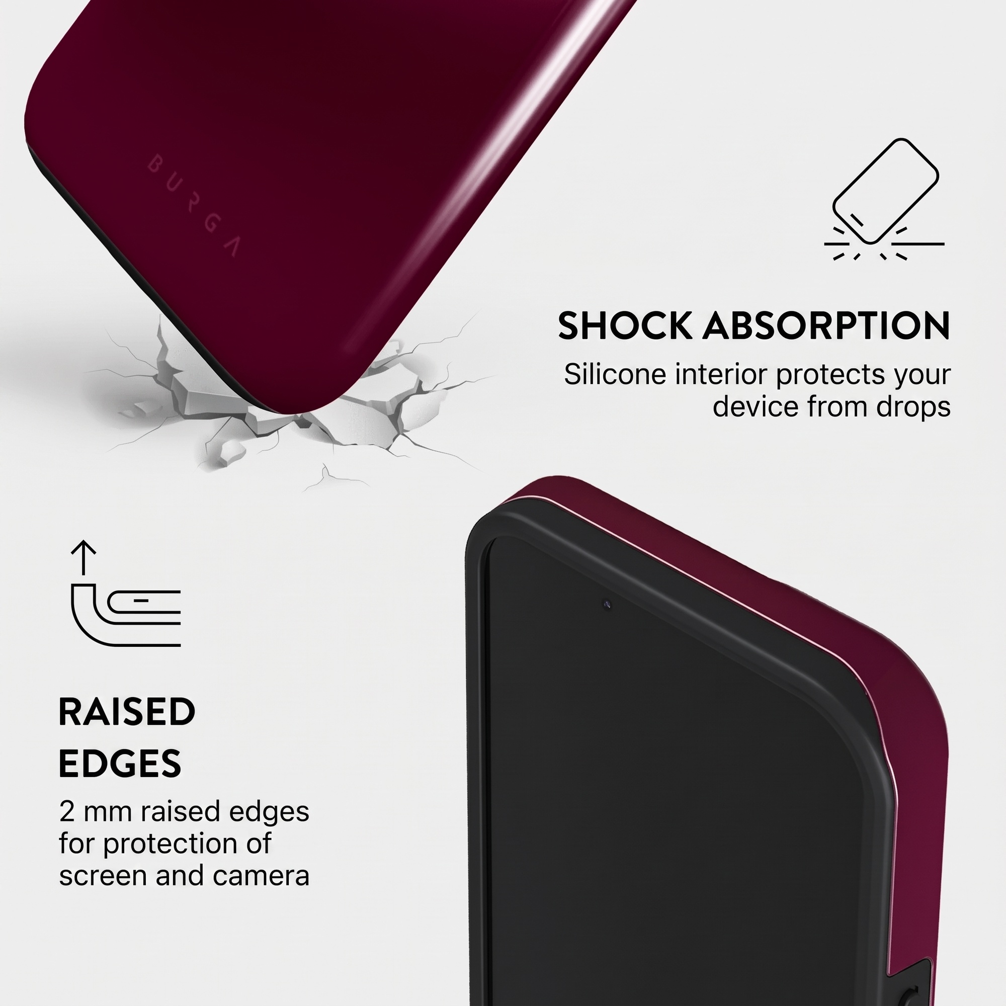 Infographic showing phone case features: shock absorption with silicone interior and 2mm raised edges for protection.