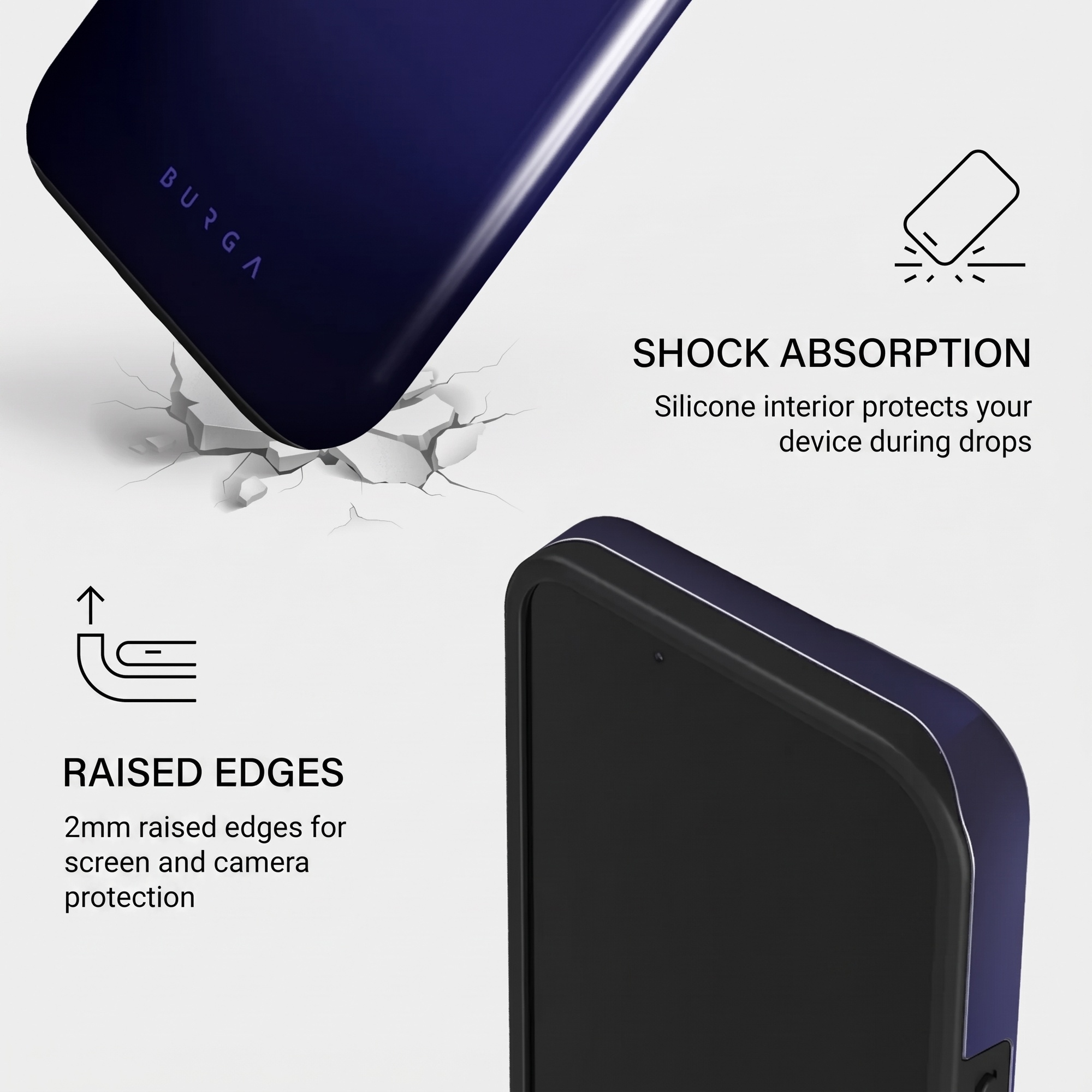 Product ad for phone cases highlighting shock absorption and raised edges.