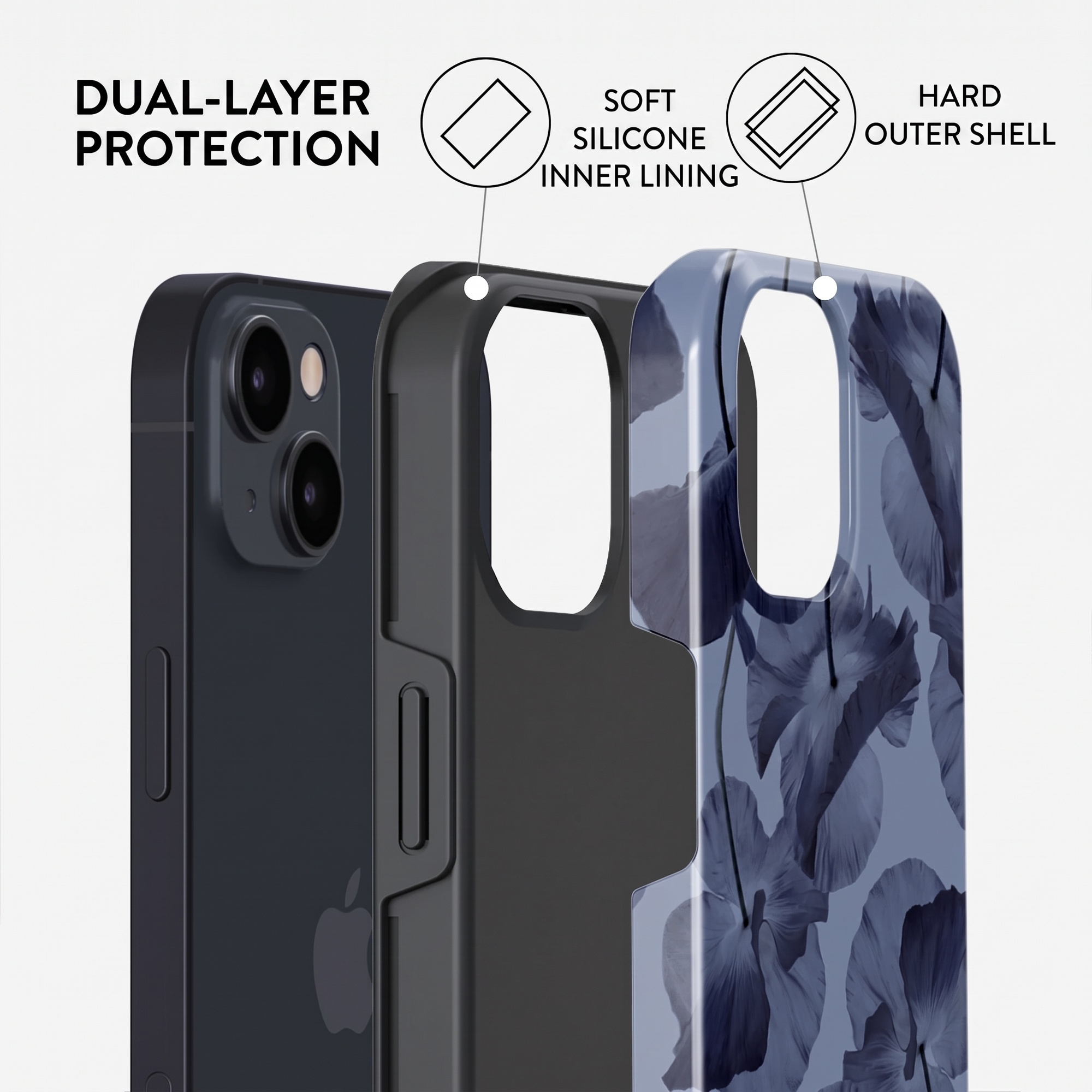 Phone case with dual-layer protection, soft silicone and hard outer shell.