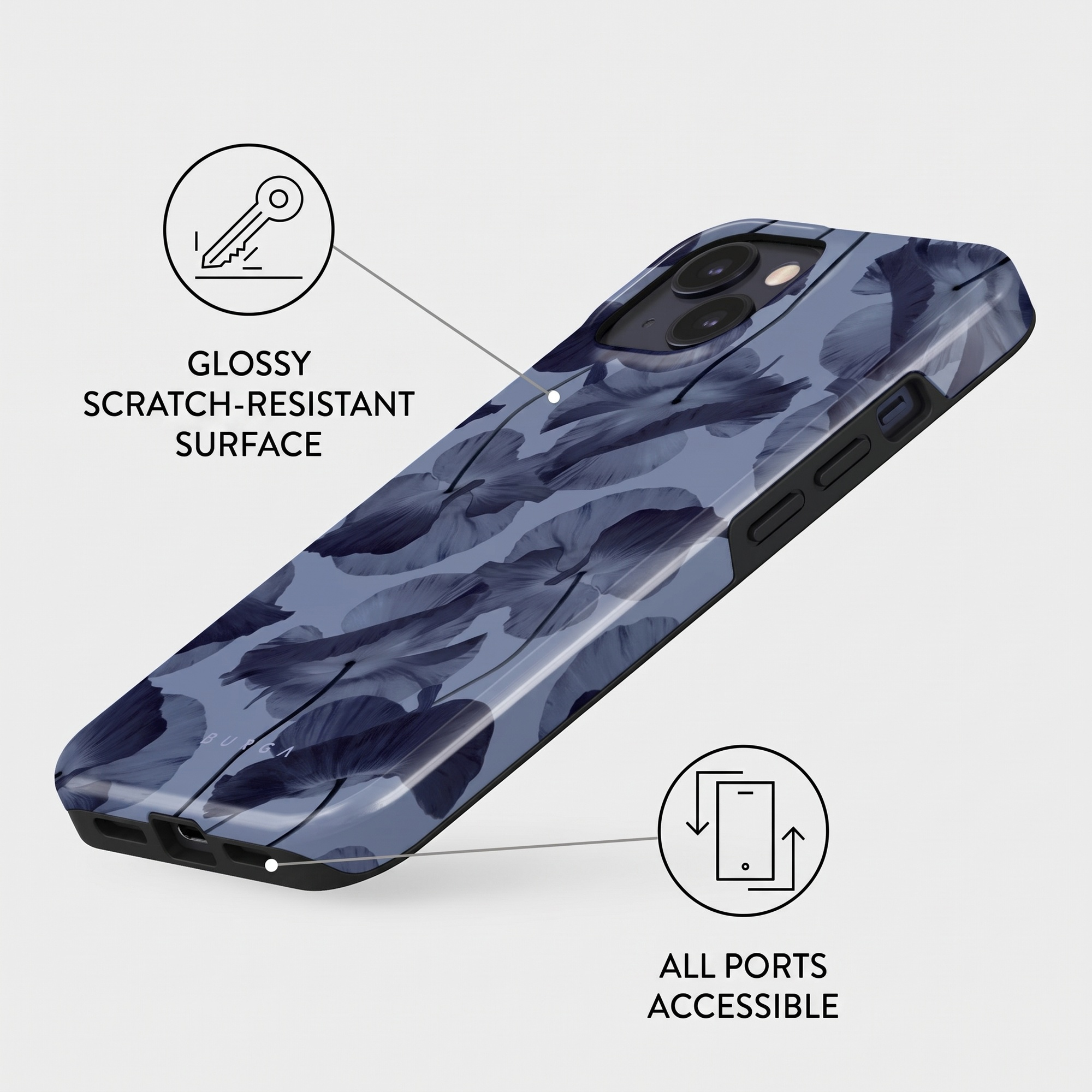 A blue floral phone case features icons highlighting scratch resistance and easily accessible ports.