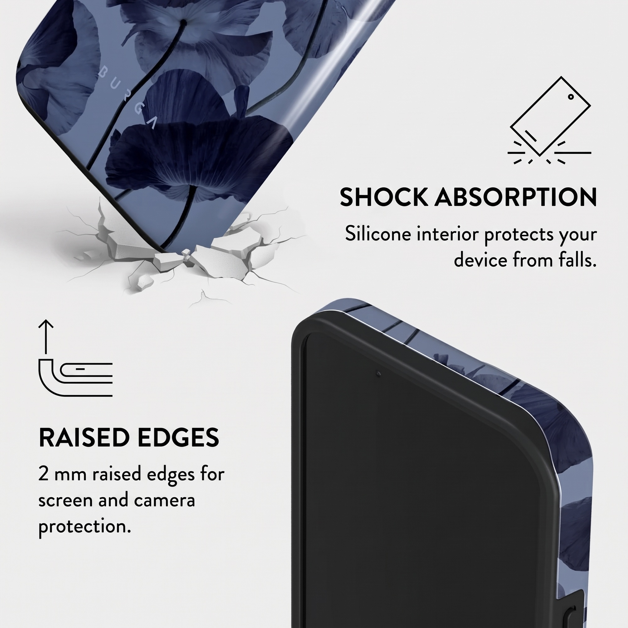 Phone case with floral pattern, showing shock absorption and raised edges.