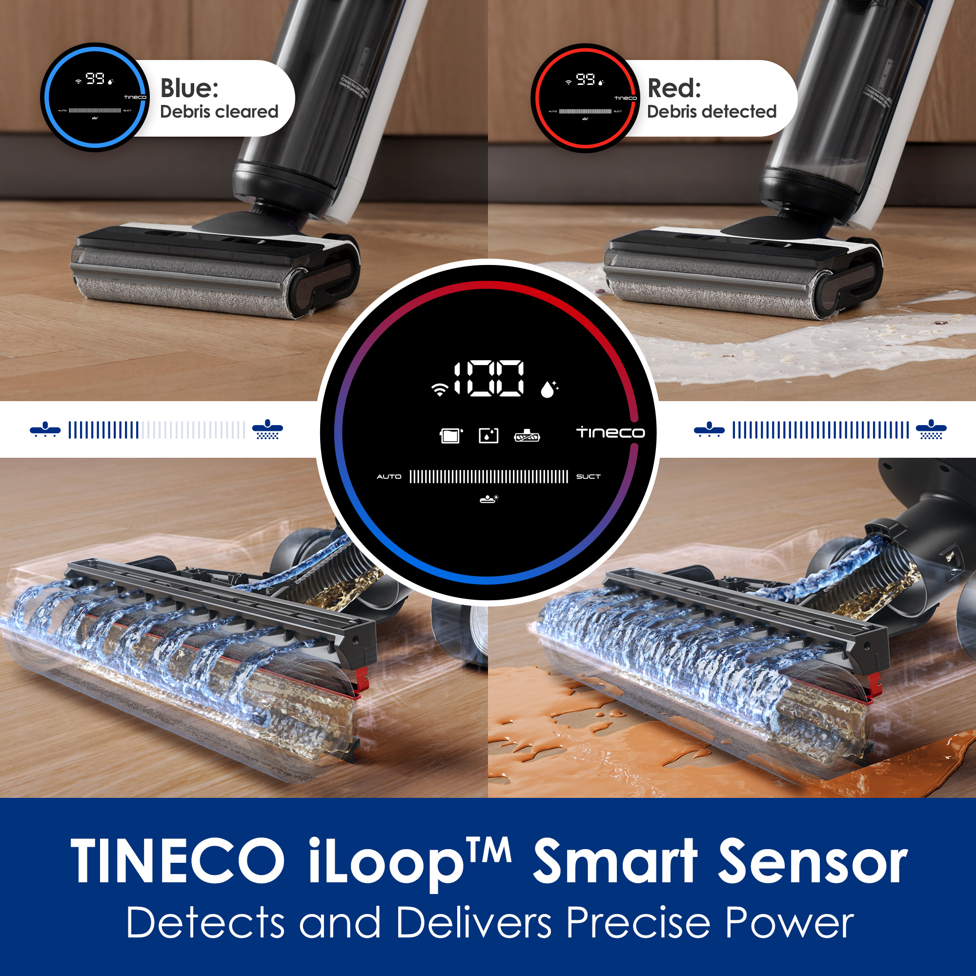 Tineco iLoop Smart Sensor zeigt blaue Ringe für saubere Böden und rote Ringe für Schmutz auf Holzfußböden.