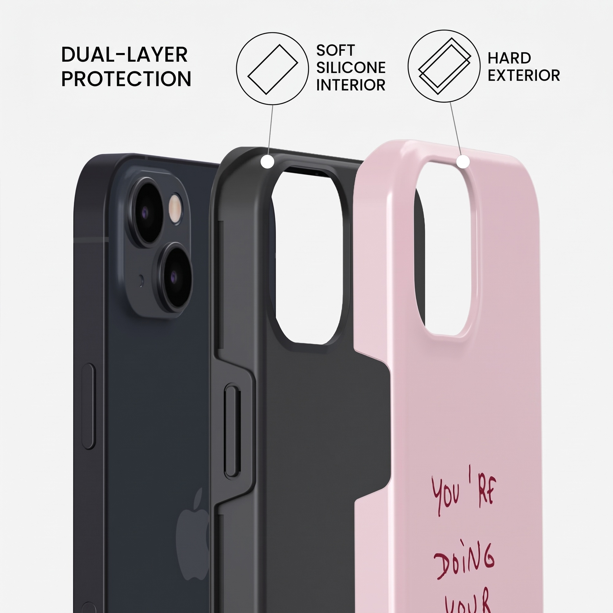 Dual-layer protection for iPhones with soft silicone and hard exterior.