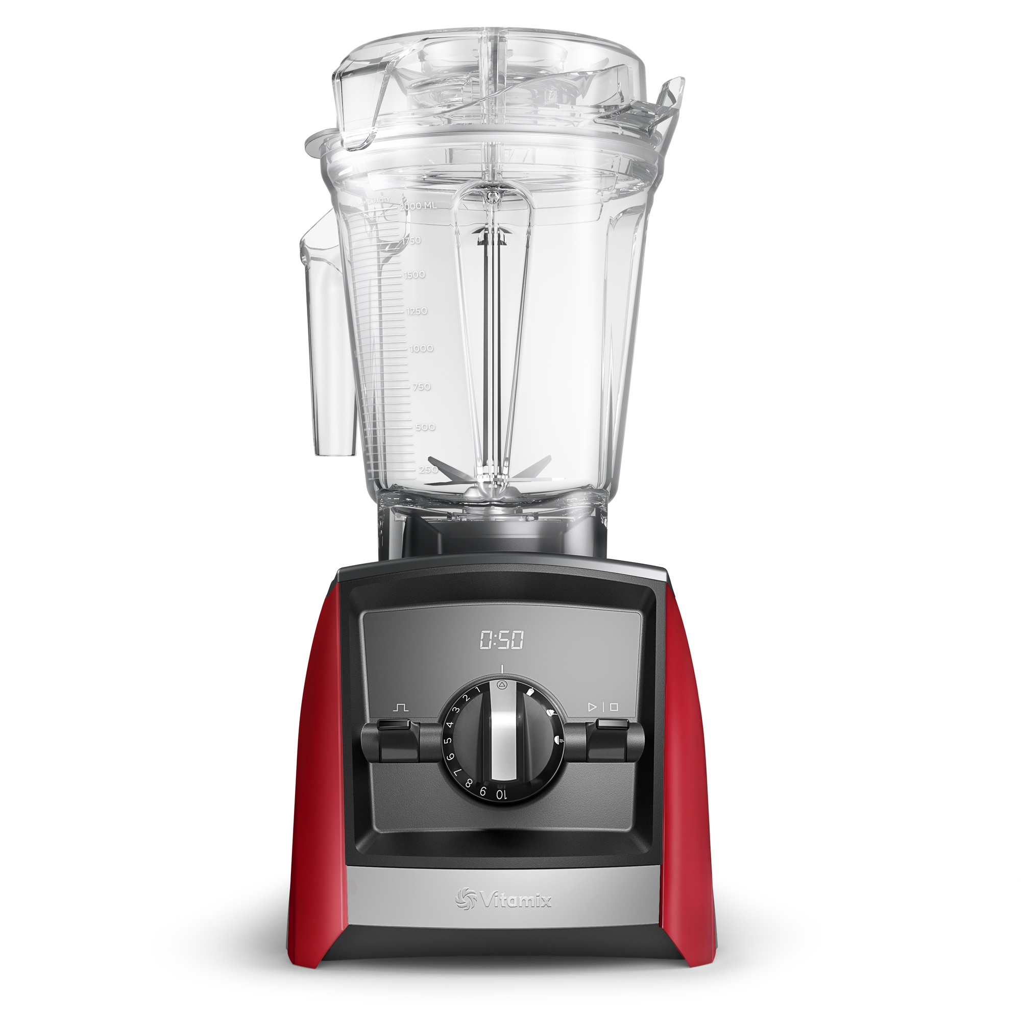 Ein rot-schwarzer Vitamix-Standmixer mit durchsichtigem Behälter und Digitaldisplay.