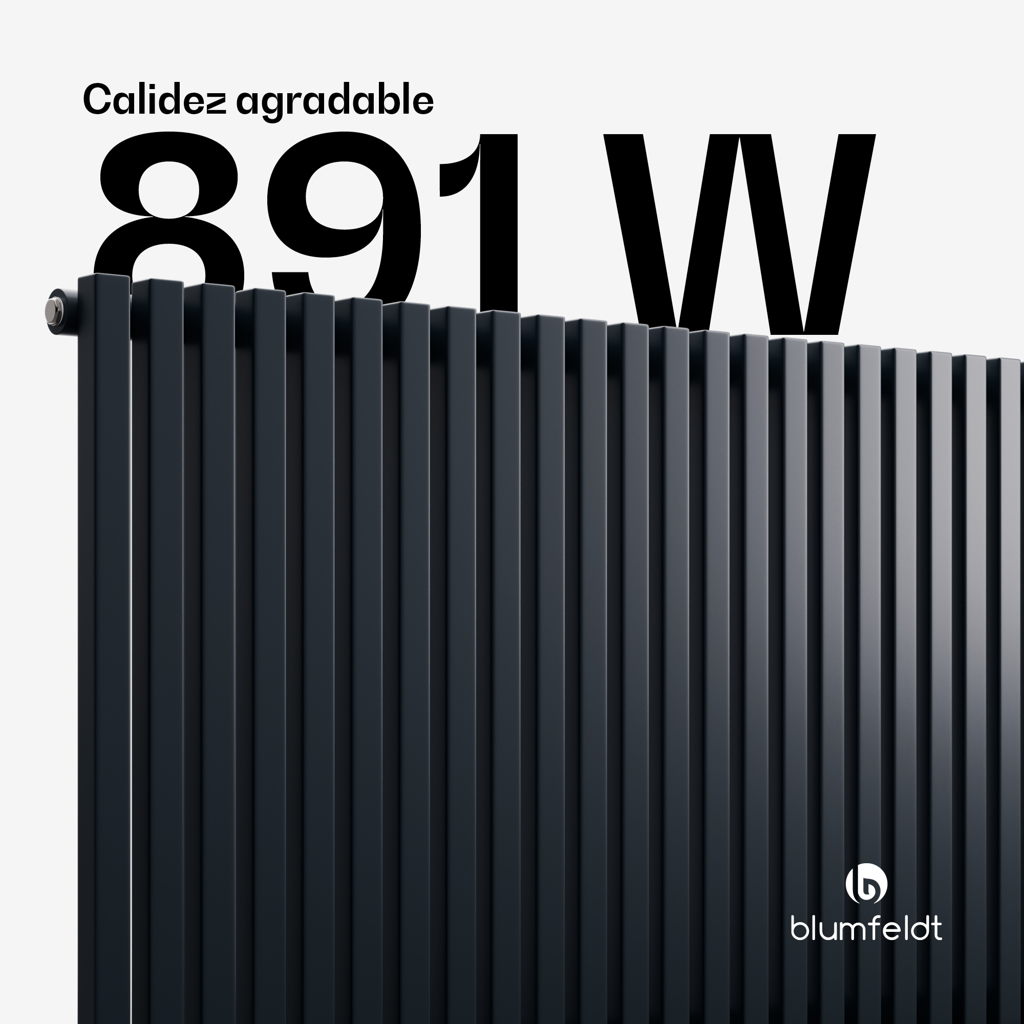 Radiatore nero con scritta '891 W' e logo 'blumfeldt' su sfondo bianco.