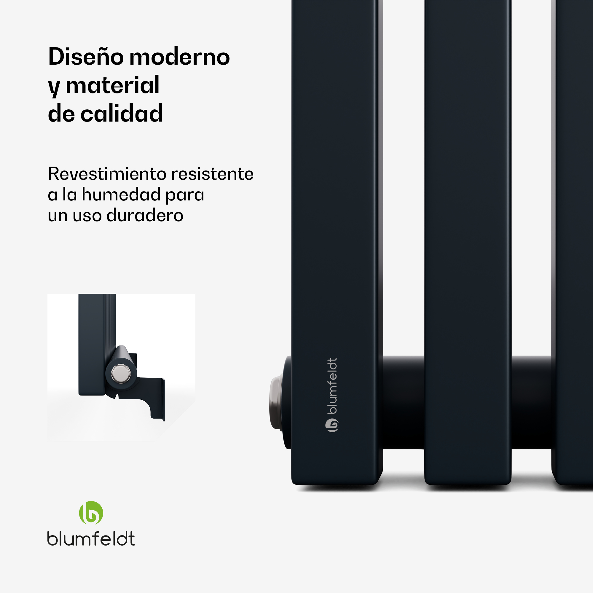 Primo piano di un moderno termosifone blu scuro con testo in spagnolo e logo Blumfeldt.