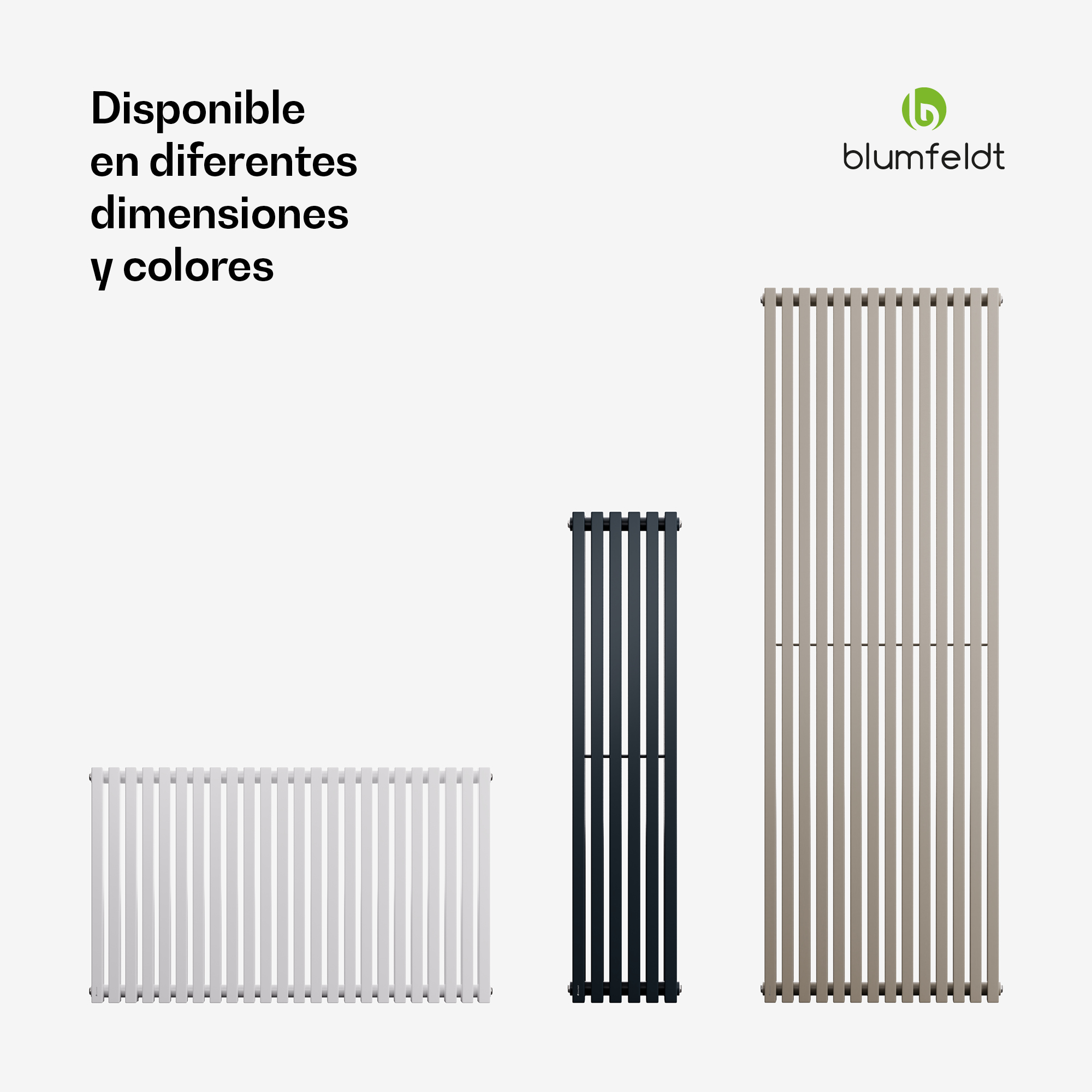 Tre termosifoni verticali bianchi, neri e beige con testo in spagnolo e logo Blumfeldt.