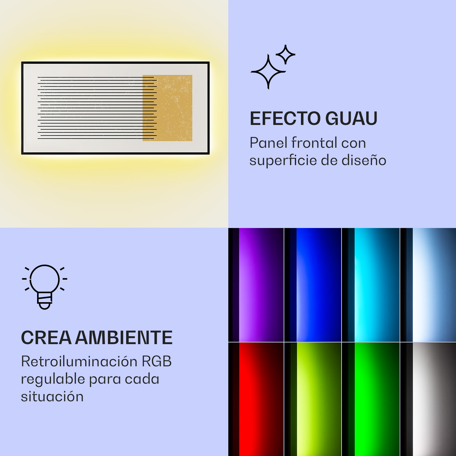 Ein rechteckiges Lichtpanel mit horizontalen Linien, strukturiertem goldenen Bereich und farbigen RGB-Hintergrundbeleuchtungen.