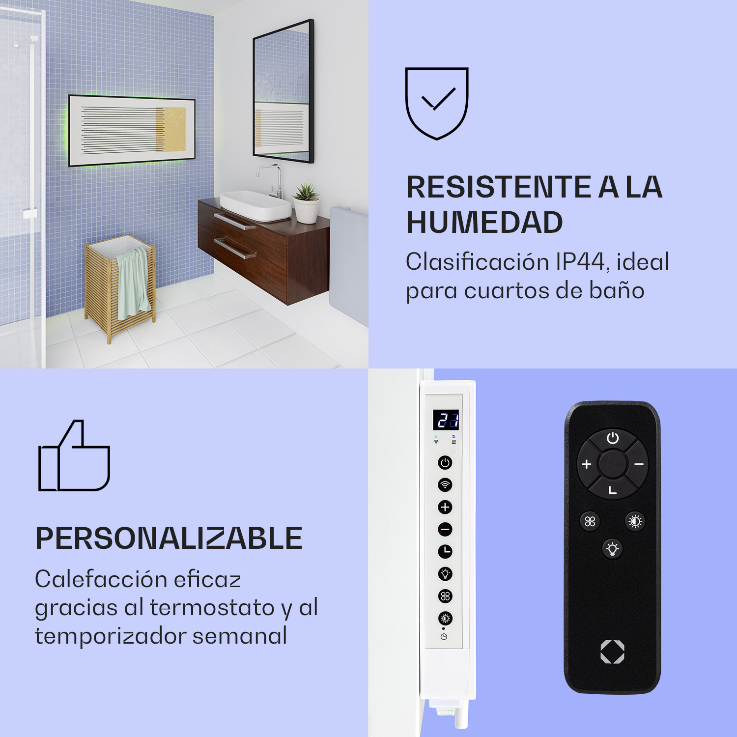 Badezimmer, feuchtigkeitsbeständig mit IP44, anpassbar mit Thermostat und Fernbedienung.