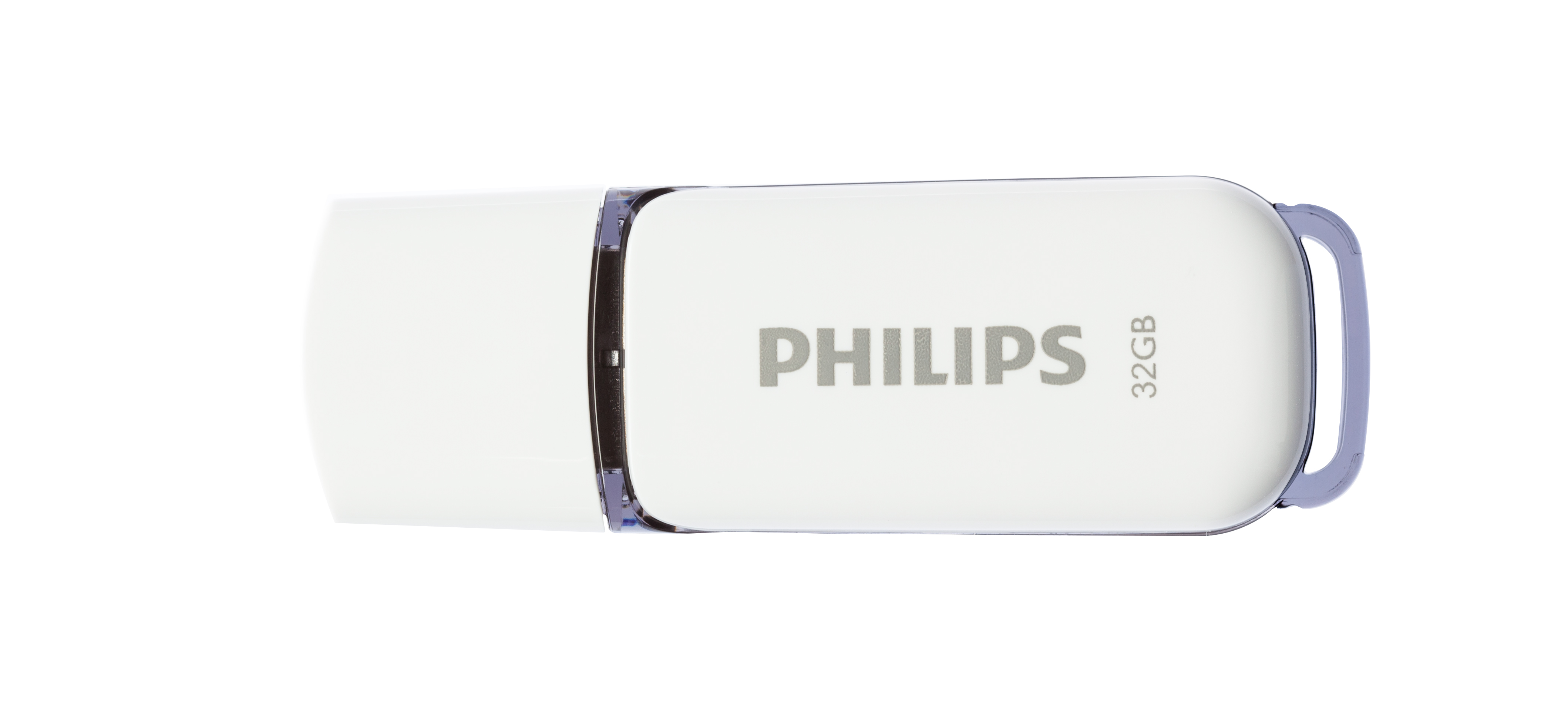 A white Philips 32GB USB flash drive with a cap on a white background.