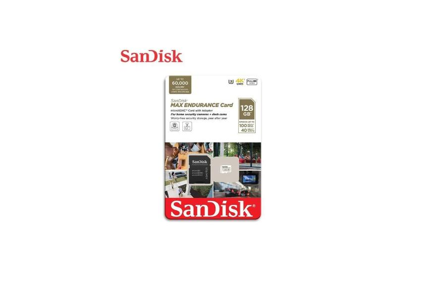 SanDisk Max Endurance 128GB microSDXC memory card in its original packaging.