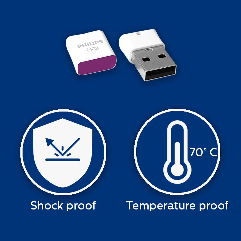 Philips 64GB USB flash drive with shock proof and temperature proof icons on a blue background.