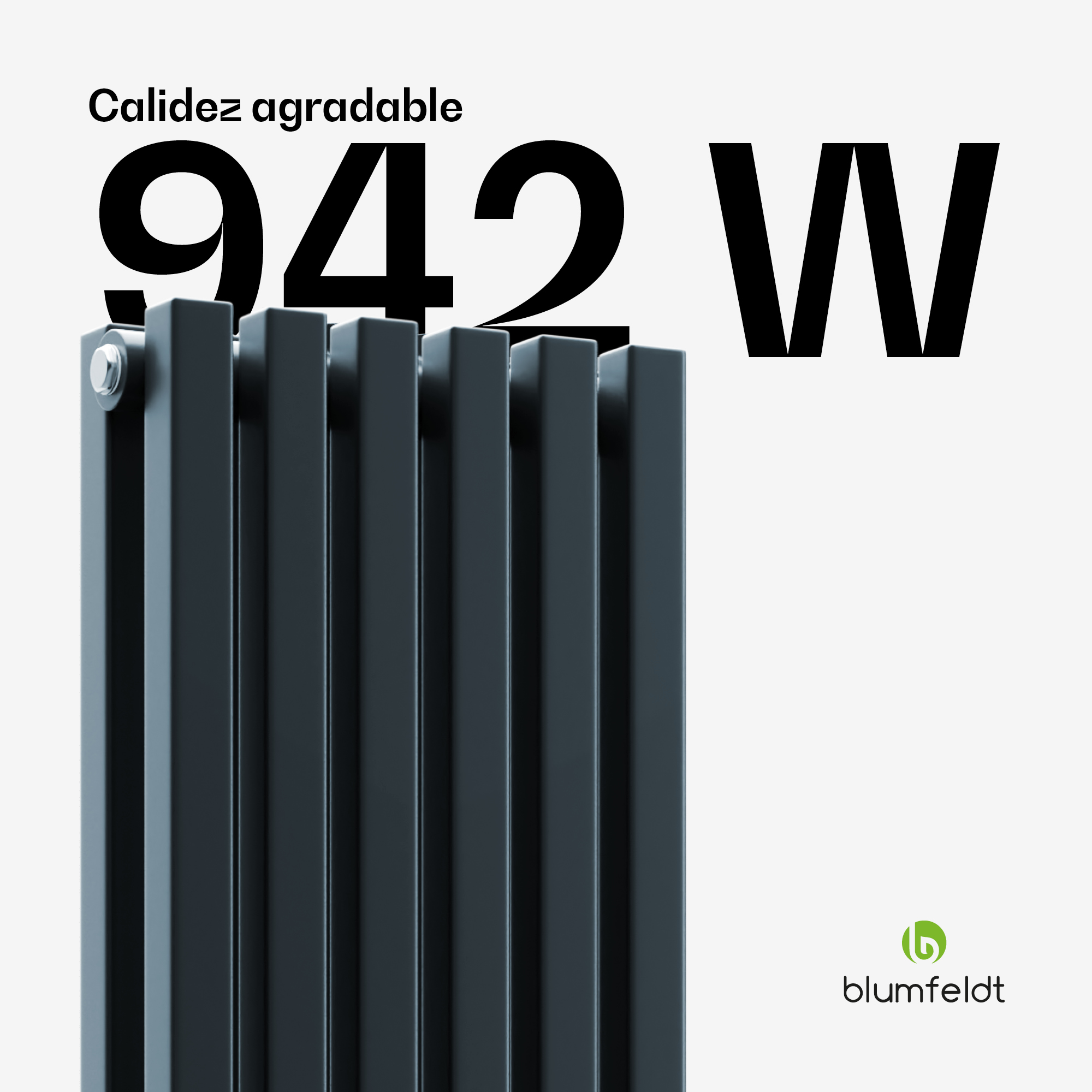 Un moderno radiatore verticale nero con la scritta 942 W e il logo blumfeldt su sfondo bianco.