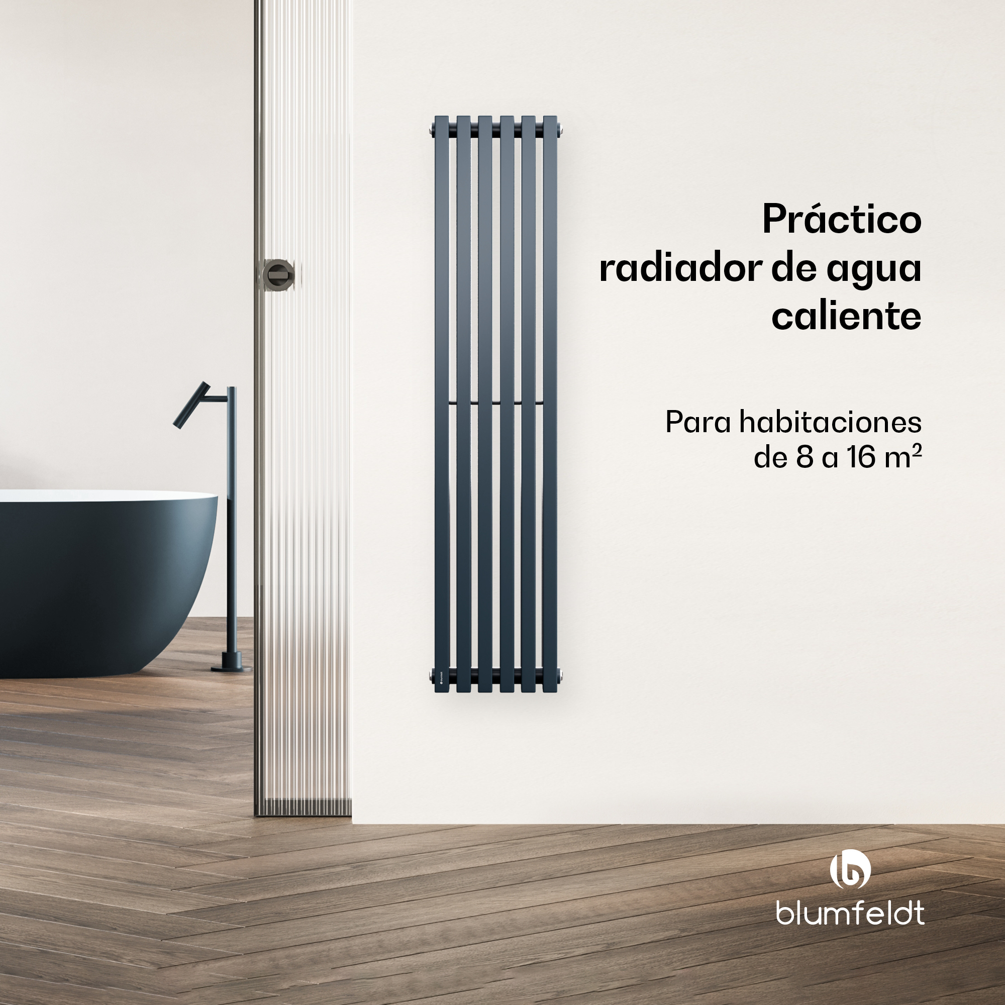 Un termosifone verticale grigio su parete bianca in un bagno moderno con del testo.