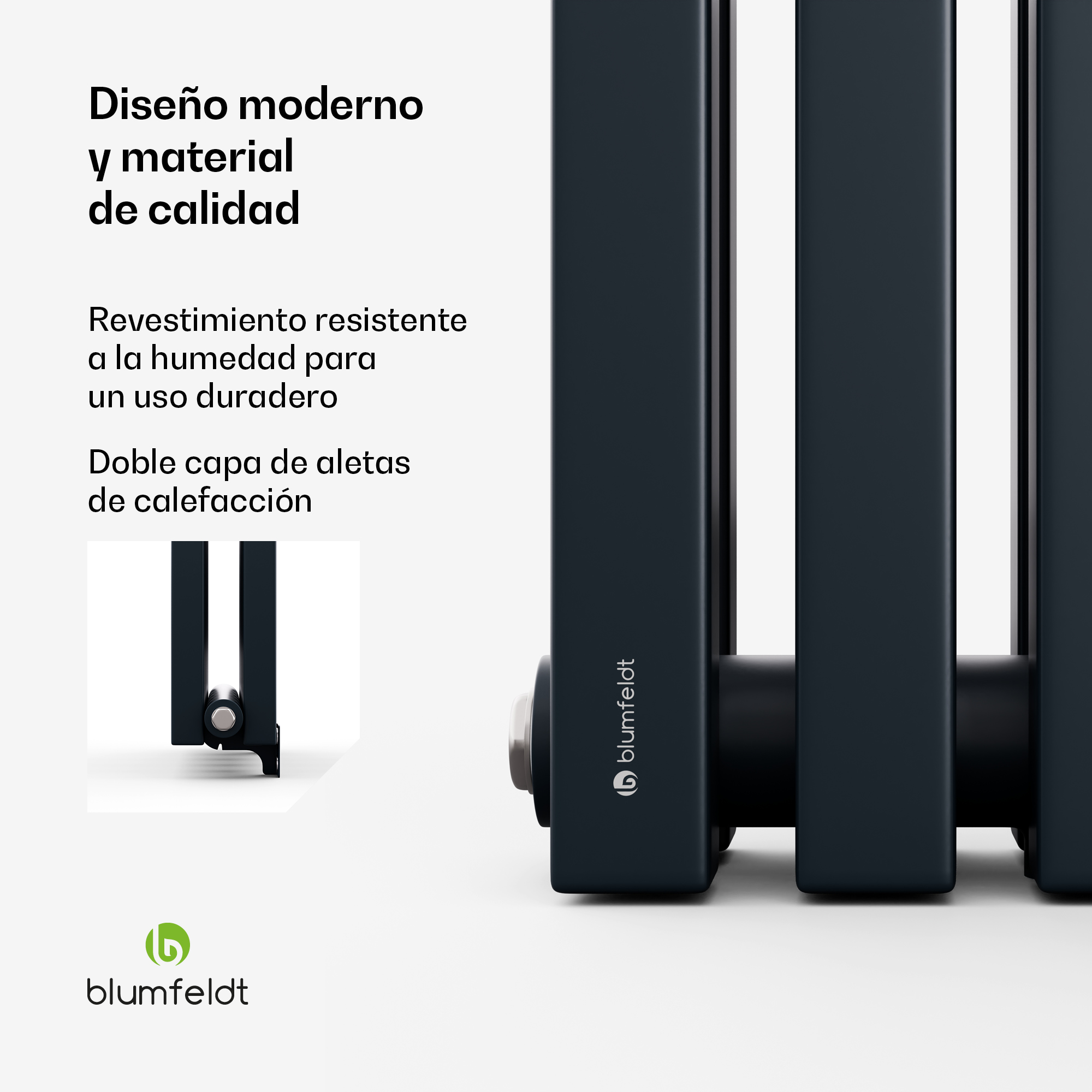 Radiatore Blumfeldt scuro con rivestimento resistente all'umidità e doppia fila di alette.