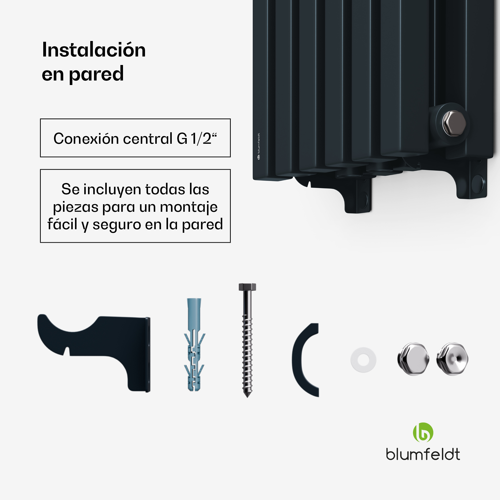 Guida all'installazione a parete per un termosifone nero con staffe, viti e tasselli.