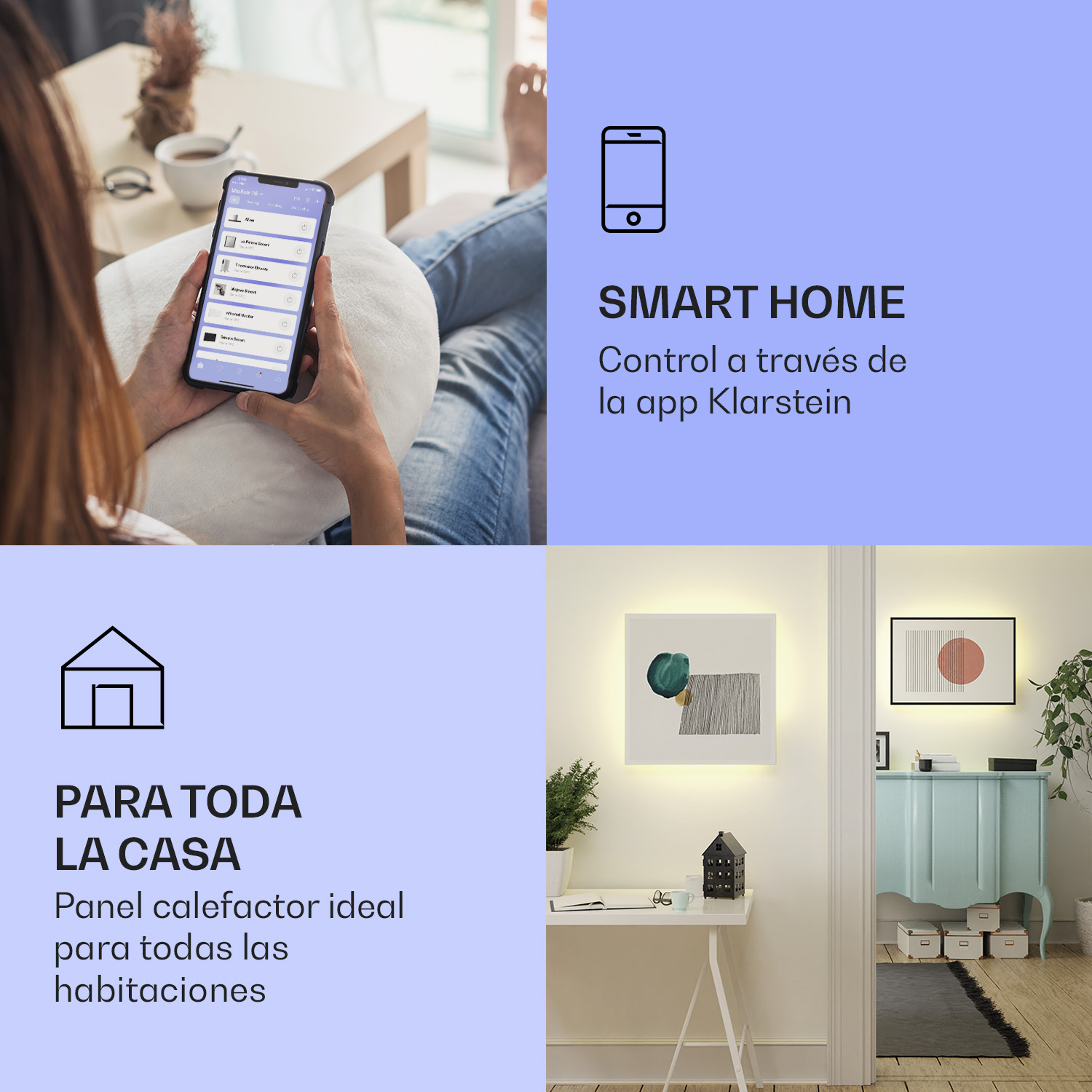 Eine Frau bedient eine Smart-Home-App auf ihrem Smartphone, neben Bildern von App-Steuerung und einem modernen Wohnzimmer.