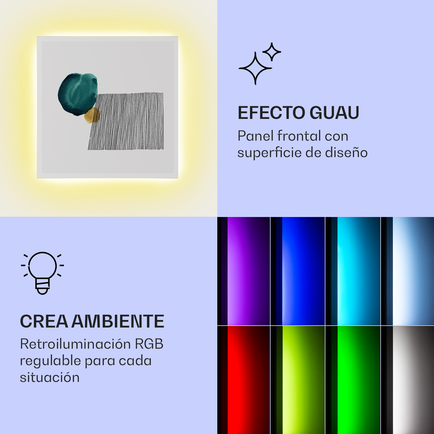 Vierteiliges Bild mit einem abstrakten Kunstpanel, Text und verschiedenen bunten RGB-Hintergrundbeleuchtungen.