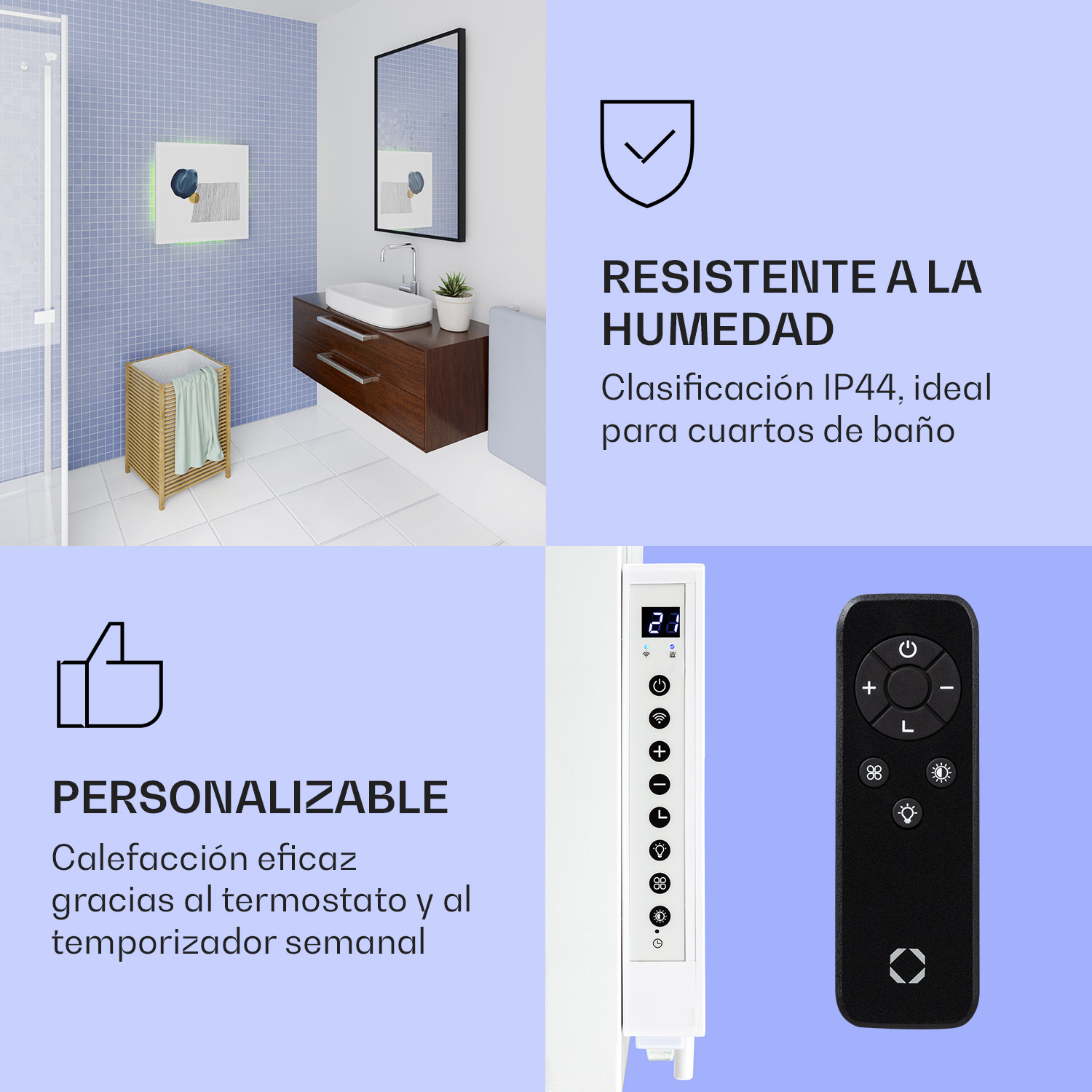 Badezimmer, Feuchtigkeitsbeständigkeit, IP44, programmierbare Steuerung und Fernbedienung.