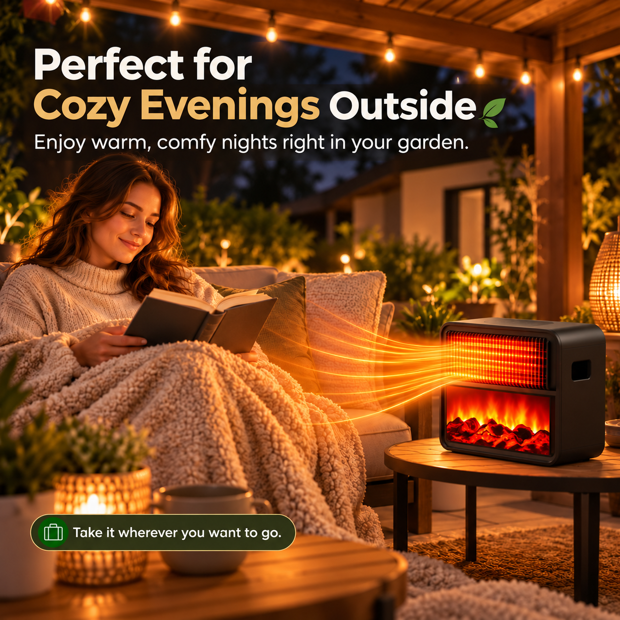 Woman reads on a lit balcony at night while an electric patio heater radiates warmth toward her.