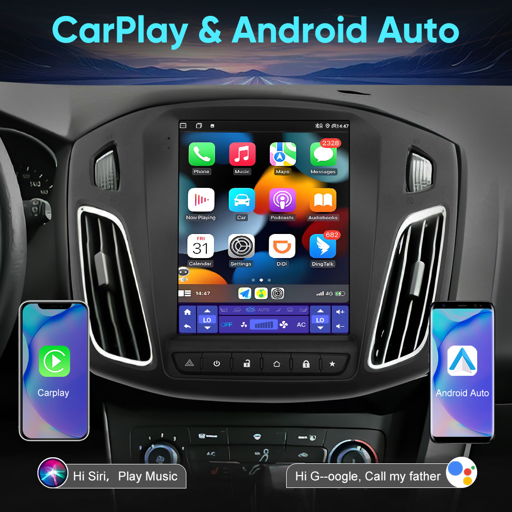 Autó belső tere nagy középső érintőképernyővel, mellette két okostelefon CarPlay és Android Auto felülettel.