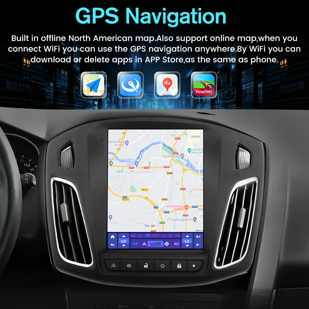 Egy nagy autós érintőképernyő GPS-navigációval és térképekkel.