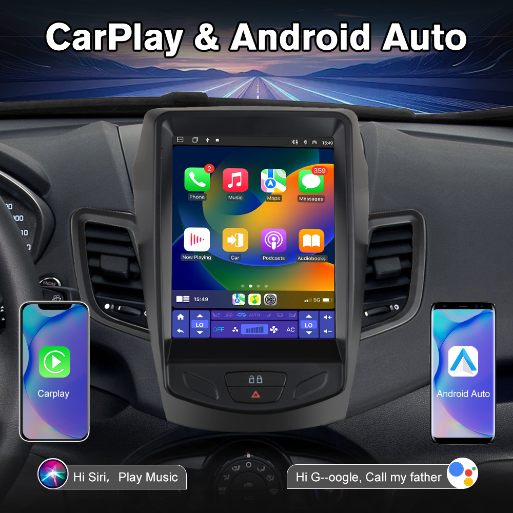 Autó belső tere nagy érintőképernyővel, amely CarPlay és Android Auto felületeket mutat okostelefonokon.